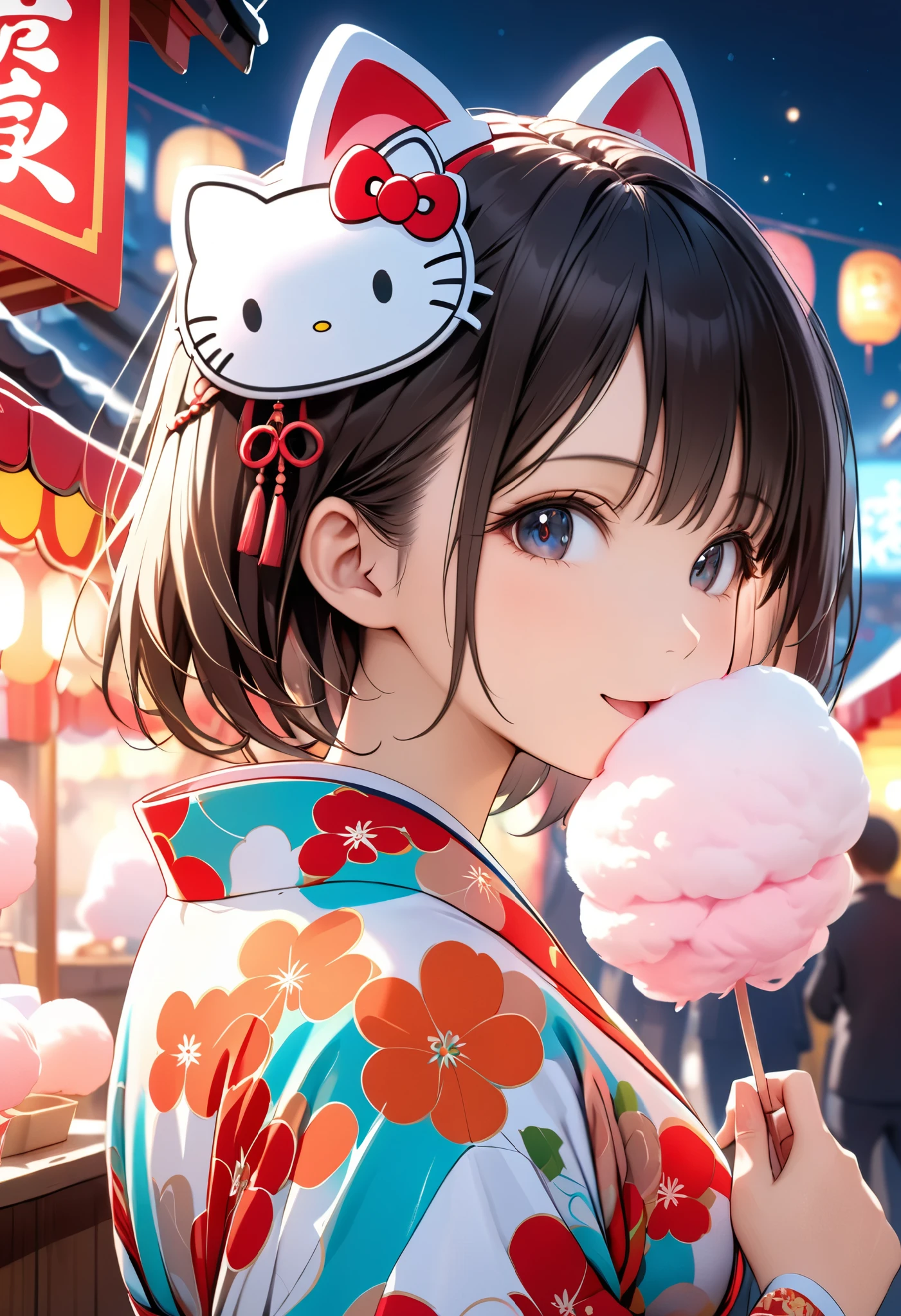 portrait, (Masterpiece, top quality, ultra high definition), back side shot, solo Japanese woman, sexy girl,A stall selling cotton candy, Colorful cotton candy, Food stall village, Bustling, A girl eating cotton candy, Wearing a traditional Japanese kimono, Food stall at night, Wearing a Hello Kitty mask on her head