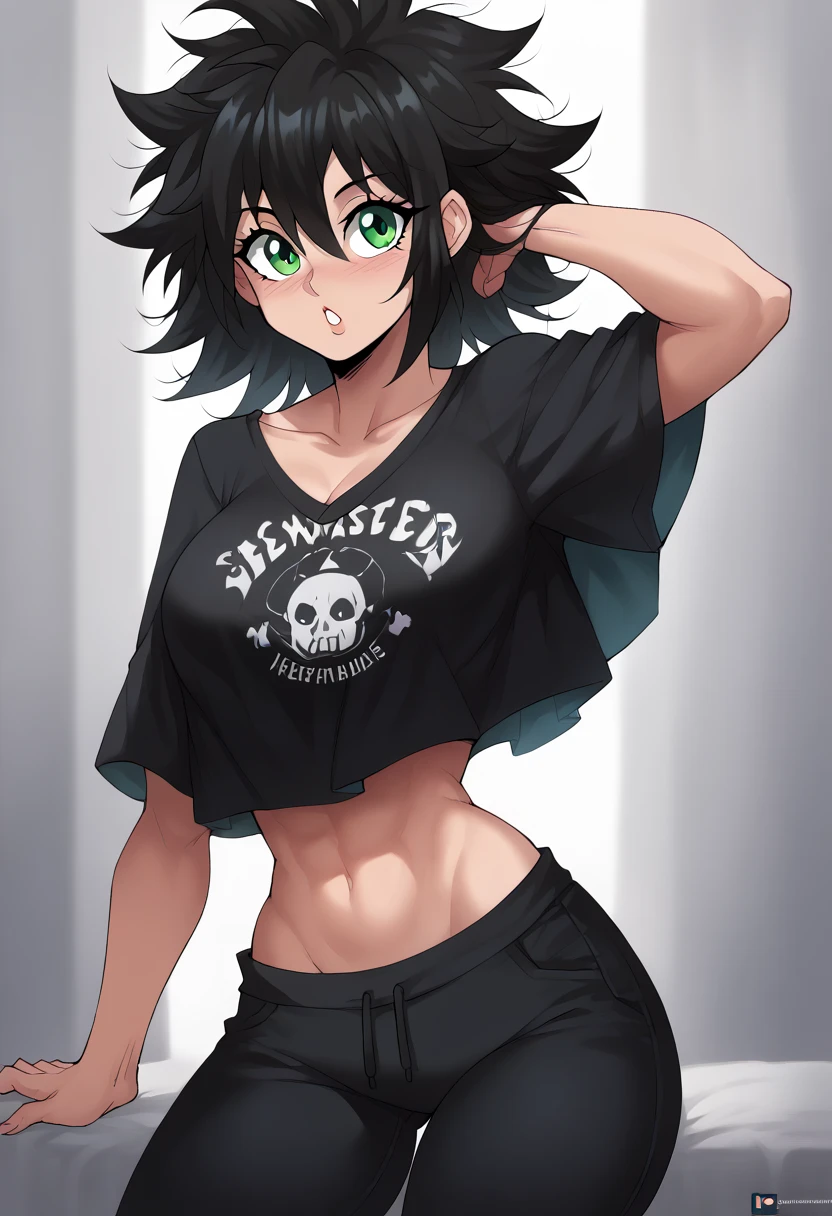 (masterpiece), best quality, expressive eyes, perfect face, black hair, messy hair, bangs, asymmetrical hair, green eyes, big breasts, fit vody, hourglass figure, wide hips, toned, busty, busty thighs, cleavege, decolette, collarbone, oversized t-shirt, crop top overhang, super high waisted pants, midriff covered by pants, EchoSaber