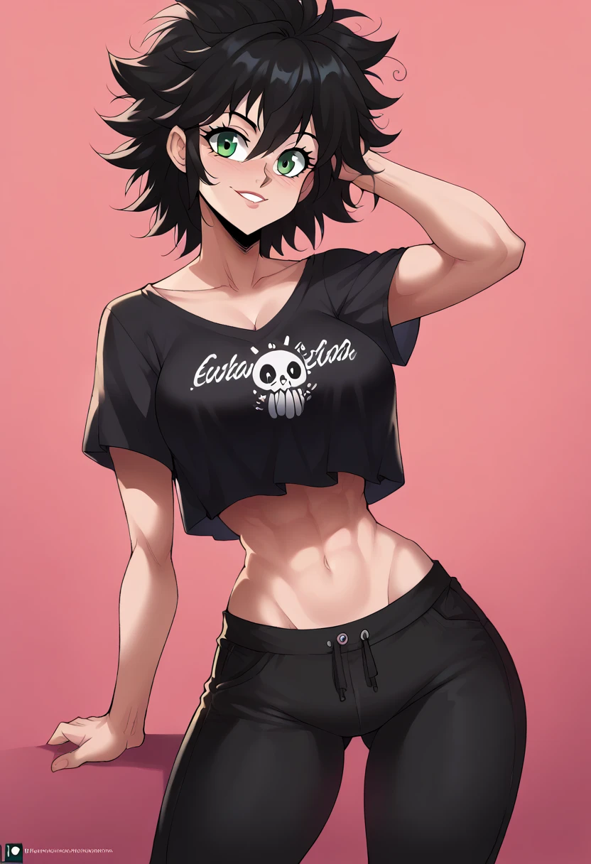 (masterpiece), best quality, expressive eyes, perfect face, black hair, messy hair, bangs, asymmetrical hair, green eyes, big breasts, fit vody, hourglass figure, wide hips, toned, busty, busty thighs, cleavege, decolette, collarbone, oversized t-shirt, crop top overhang, super high waisted pants, midriff covered by pants, EchoSaber