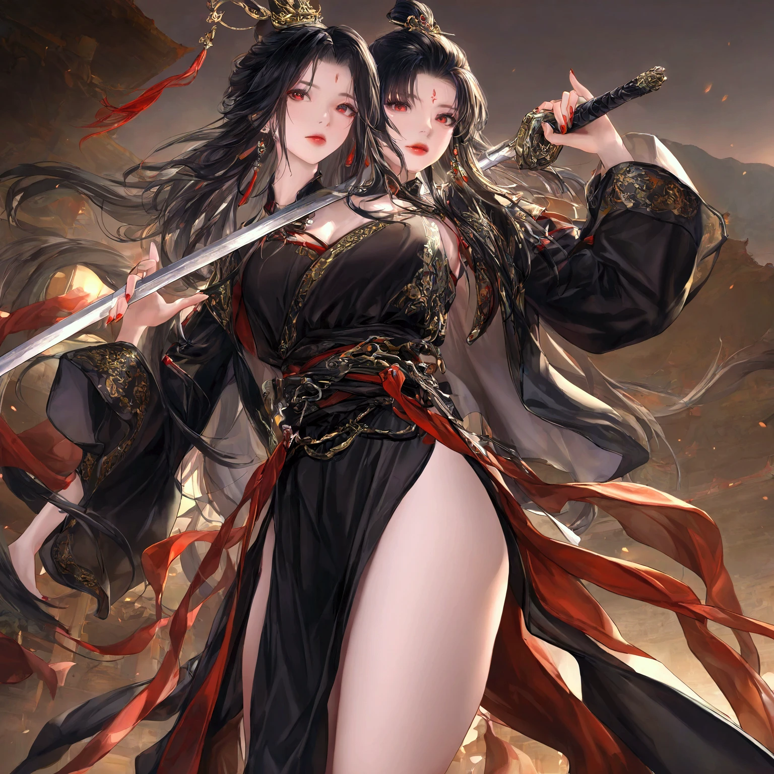 gufeng, guofeng, chinese clothes, black hanfu, 1girl, solo, nail polish, from viewer,  cowboy shot, 
masterpiece, best quality, realistic, 8k, official art, cinematic light, ultra high res, perfect female body, sharp focus, 
HDR, 8k, amazing quality, very aesthetic, absurdres, newest, detailed skin, detailed eyes, detailed hair, fantasy,  Sword, 