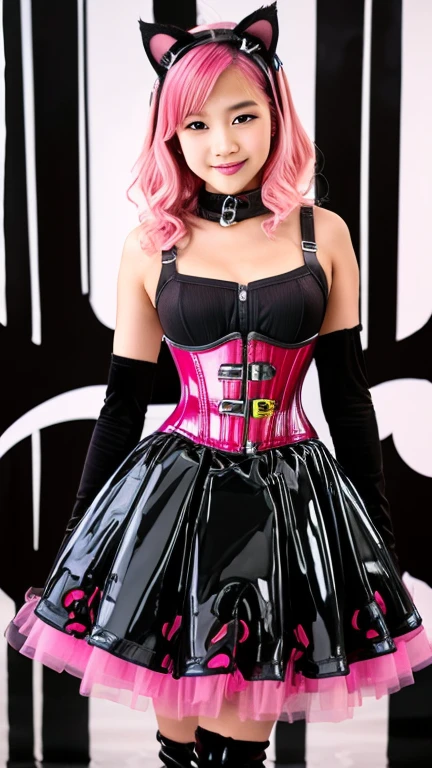 Asian **** solo with pink hair, straight hair, slim model, pink and black latex corset, pink and black tulle skirt, latex arm warmers, knee high latex boots, cat ears, bouncy castle