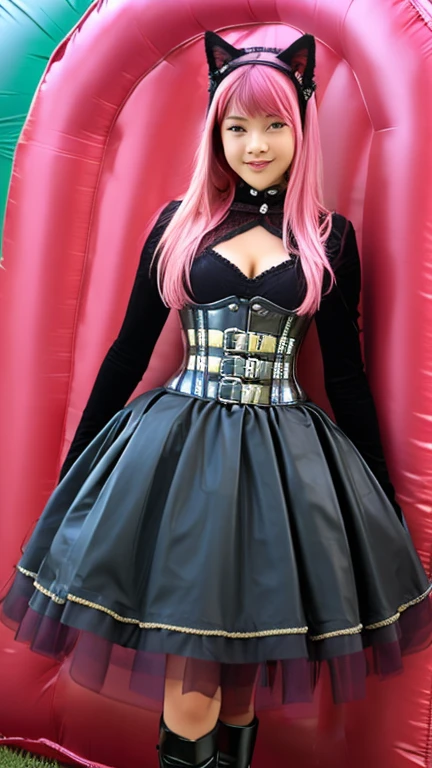 Asian  solo with pink hair, straight hair, slim model, pink and black latex corset, pink and black tulle skirt, latex arm warmers, knee high latex boots, cat ears, bouncy castle