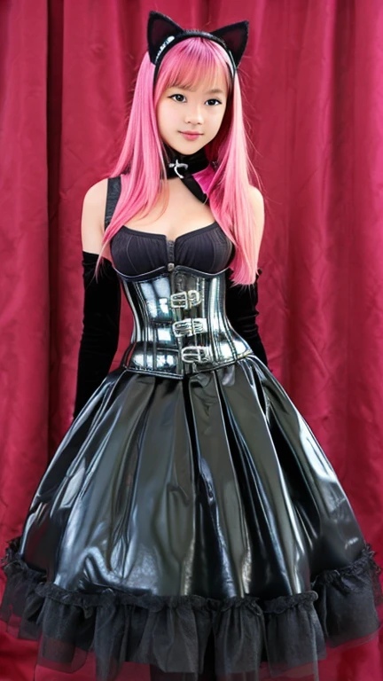 Asian  solo with pink hair, straight hair, slim model, pink and black latex corset, pink and black tulle skirt, latex arm warmers, knee high latex boots, cat ears, bouncy castle