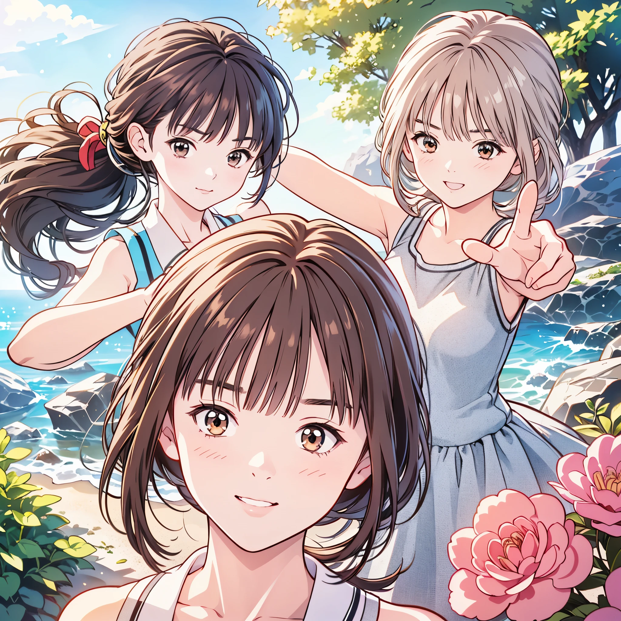 (8k、 top quality、masterpiece:1.2)、( realistic、 ultra-detailed、 super A high resolution、 2 girls、(One person has silver hair 、一人は brown hair )、 beautiful detailed face、smile、narrow、( Slim Waist ) :1.3)、summer服、summer、sea、北sea道 、 Skin Texture 、Floating Hair、 professional lighting 、服 人体全体、 brown hair、Shy、Mikity、 romantic 、((Junior high school studentstail、 idol p