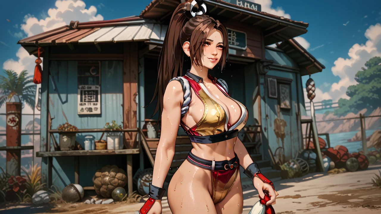   Sexy mai shiranui, UHD,   on a wasteland,  wearing a golden bikini, sweating, standing,