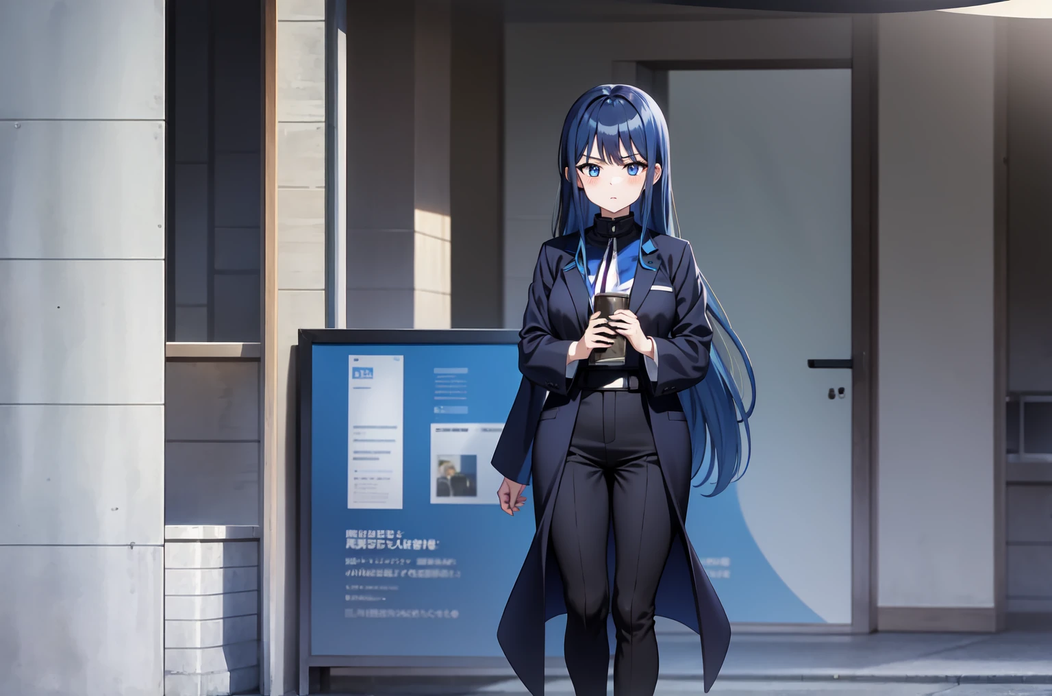 1 girl, alone,  Zaorijomae , Saori Joumae,  blue eyes , Blue hair, radius, Long hair,  High Neck Black Jacket,  black pants , Cursed Energy ,  Japanese School 