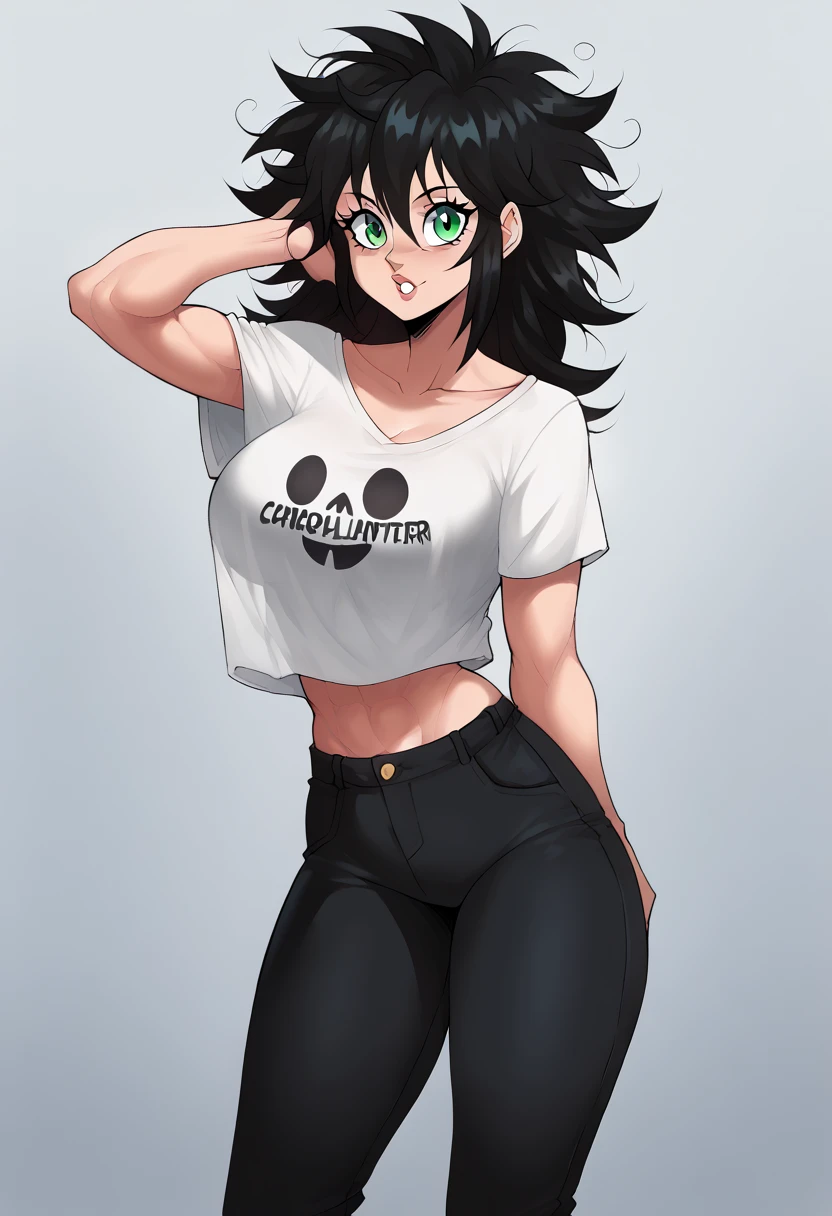 (masterpiece), best quality, expressive eyes, perfect face, black hair, messy hair, bangs, asymmetrical hair, green eyes, big breasts, fit vody, hourglass figure, wide hips, toned, busty, busty thighs, cleavege, decolette, collarbone, oversized t-shirt, crop top overhang, super high waisted pants, EchoSaber, midriff covered by pants