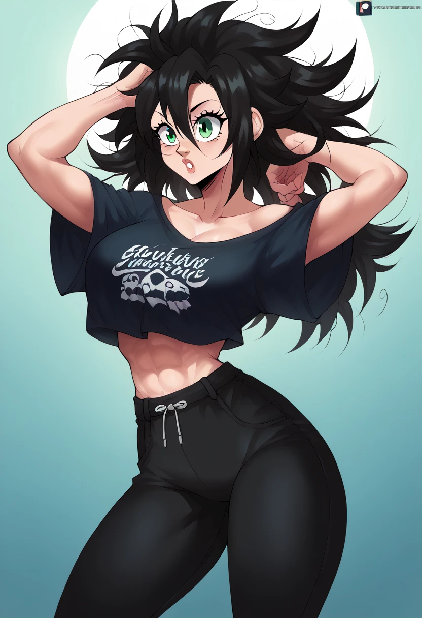 (masterpiece), best quality, expressive eyes, perfect face, black hair, messy hair, bangs, asymmetrical hair, green eyes, big breasts, fit vody, hourglass figure, wide hips, toned, busty, busty thighs, cleavege, decolette, collarbone, oversized t-shirt, crop top overhang, super high waisted pants, EchoSaber, midriff covered by pants