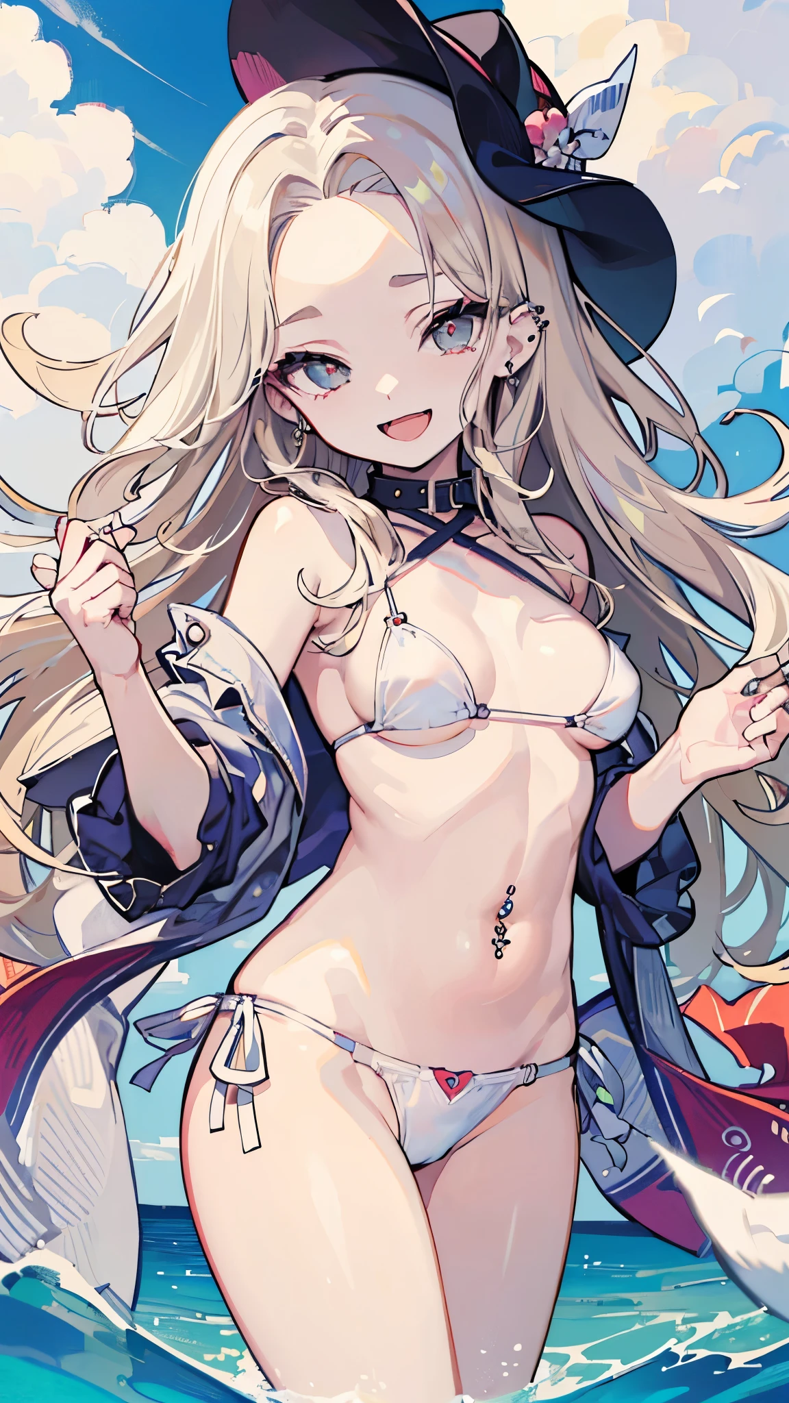 ((masterpiece、 top quality、 very detailed))、 one girl、Blonde、 long hair、((wavy hair))、((forehead))、 gray eyes、evil smile、((open mouth))、((lots of piercing))、((white bikini))、 Cowboy Shots、Seaside Background
