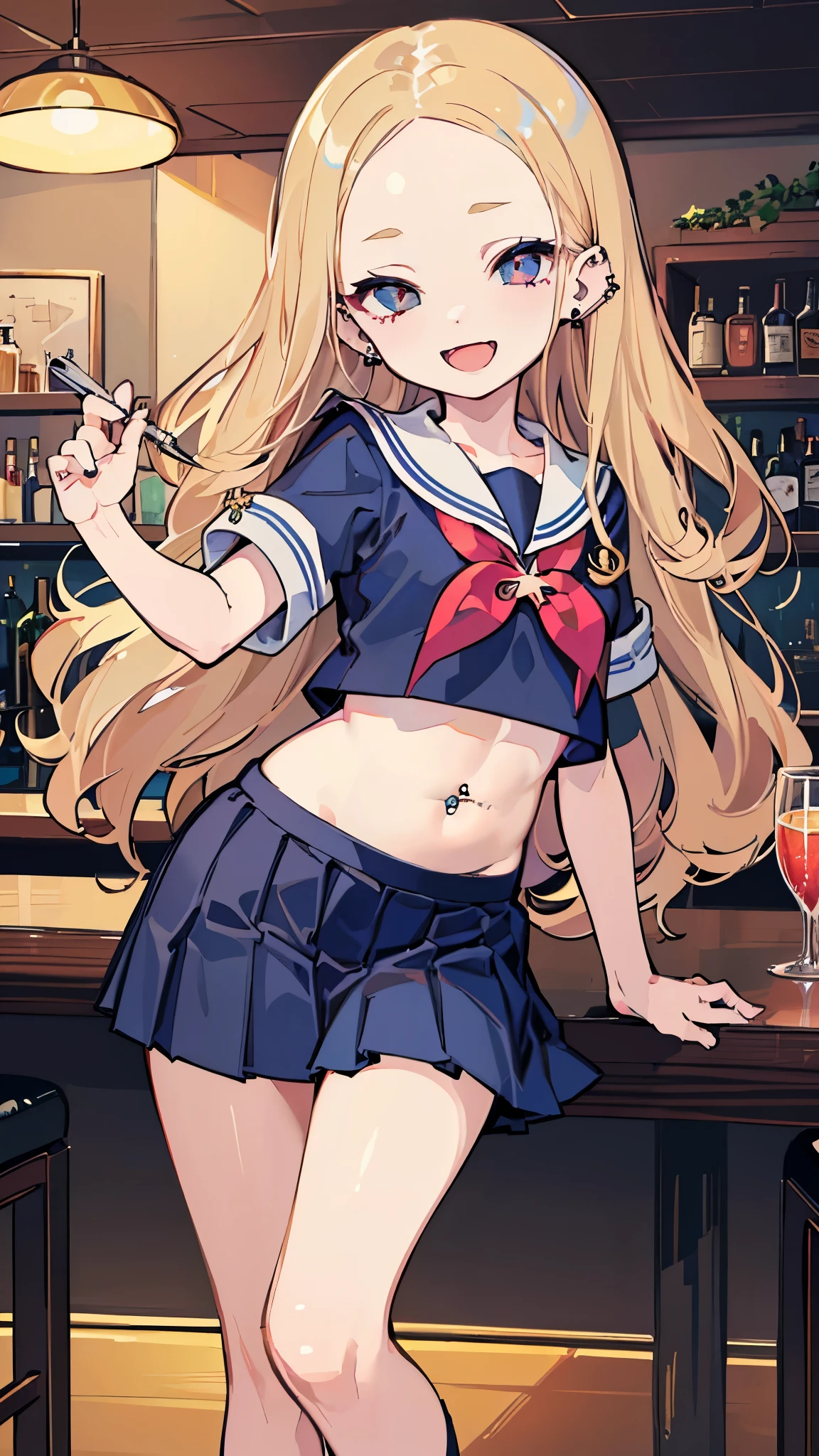((masterpiece、 top quality、 very detailed))、 one girl、Blonde、 long hair、((wavy hair))、((forehead))、 gray eyes、evil smile、((open mouth))、((lots of piercing))、(( sailor suit))、belly button、(( Navy Blue Pleated Skirt))、 Cowboy Shots、 counter、(( Dark Room))、Bar Background