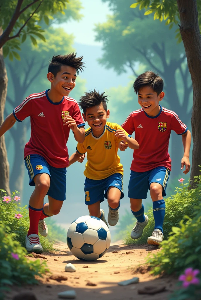 Happy children and teenagers in football sports uniforms from various countries of the world on a sports field following the soccer ball of a rural school
