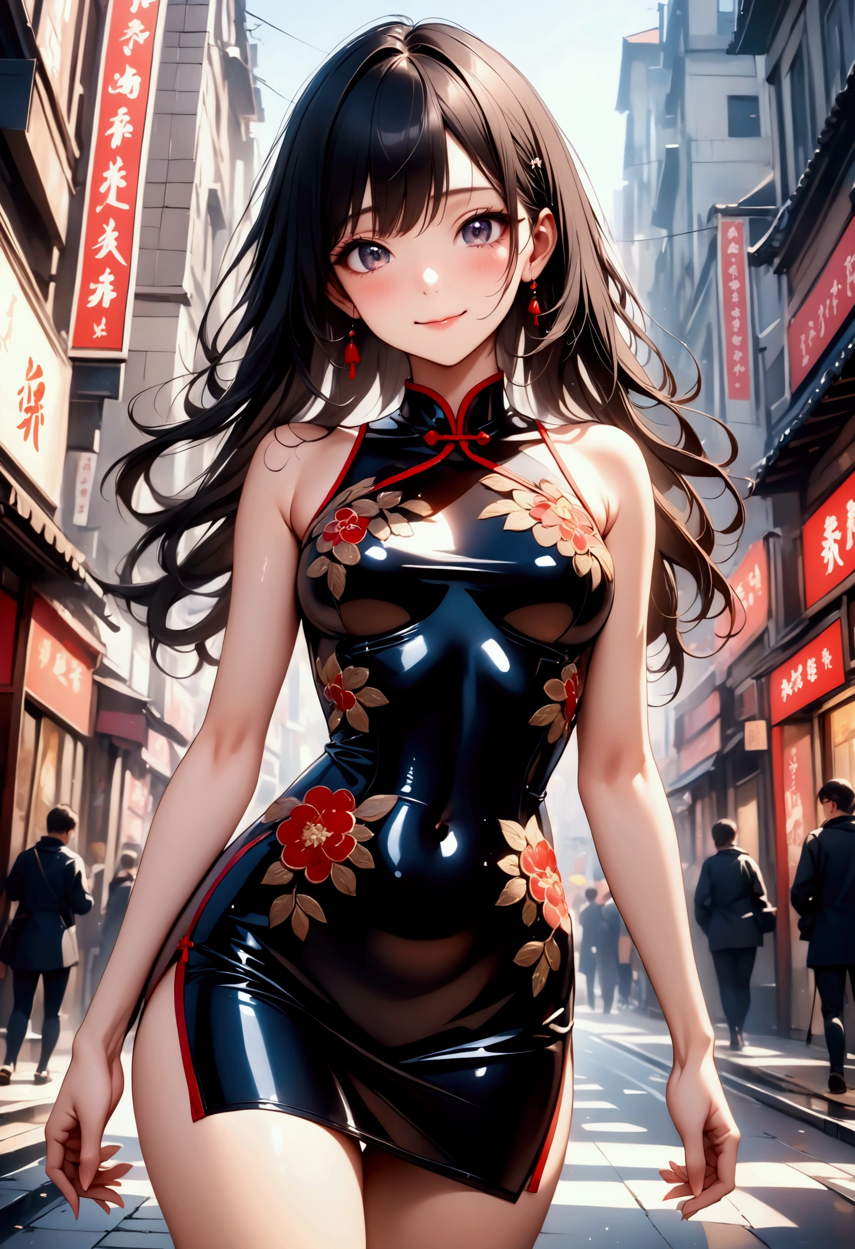 Anime girl in a latex dress walking down a street - SeaArt AI