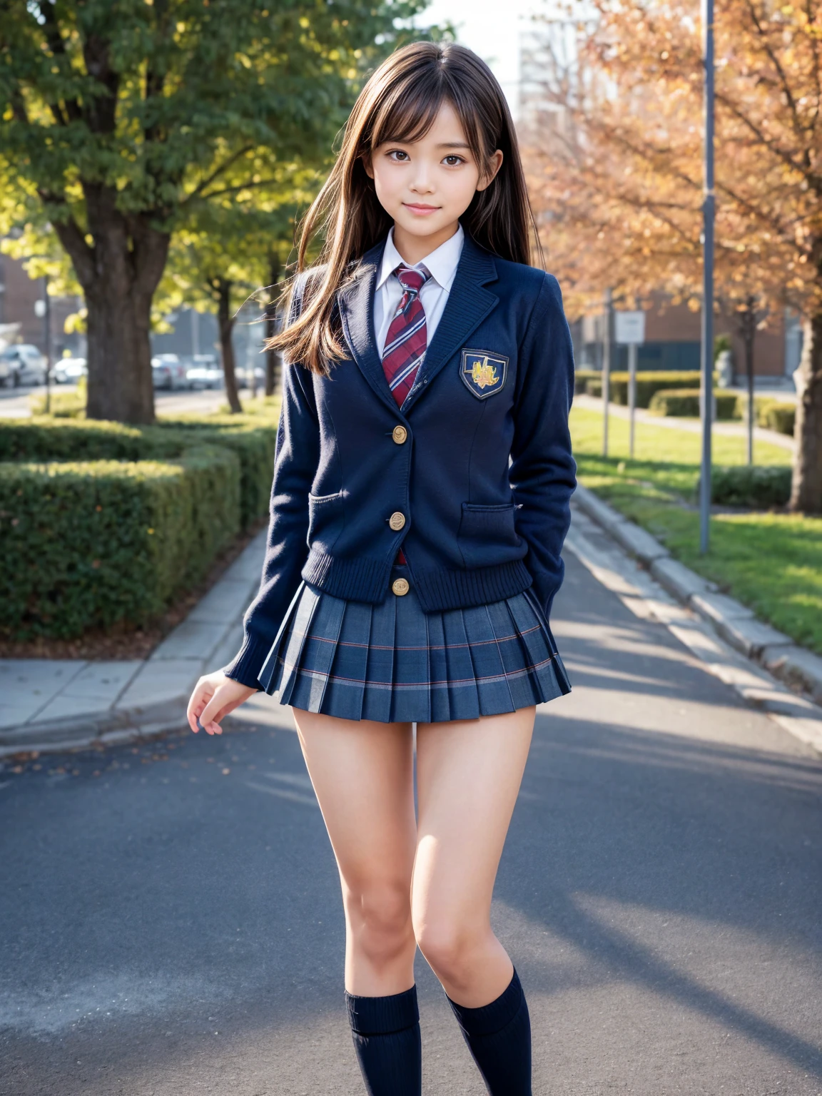 Top quality, high image, 1 woman, 18 years old, school stairs, black jacket, Medium breasts,white blouse,(plaid miniskirt), cotton panties,upskirt from below