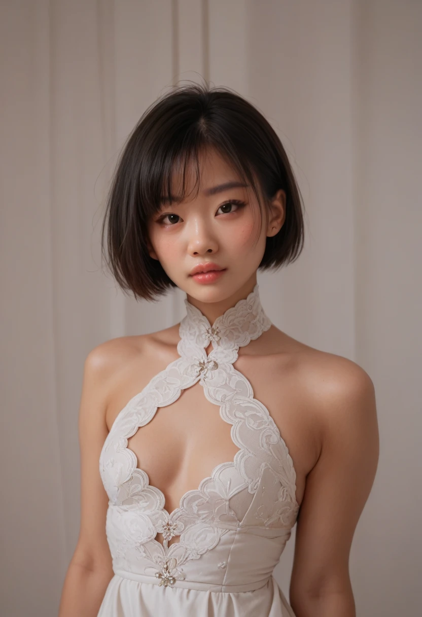 Asian girl, model appearance, high quality, beautiful outfit, white dress, short haircut, perfect face
