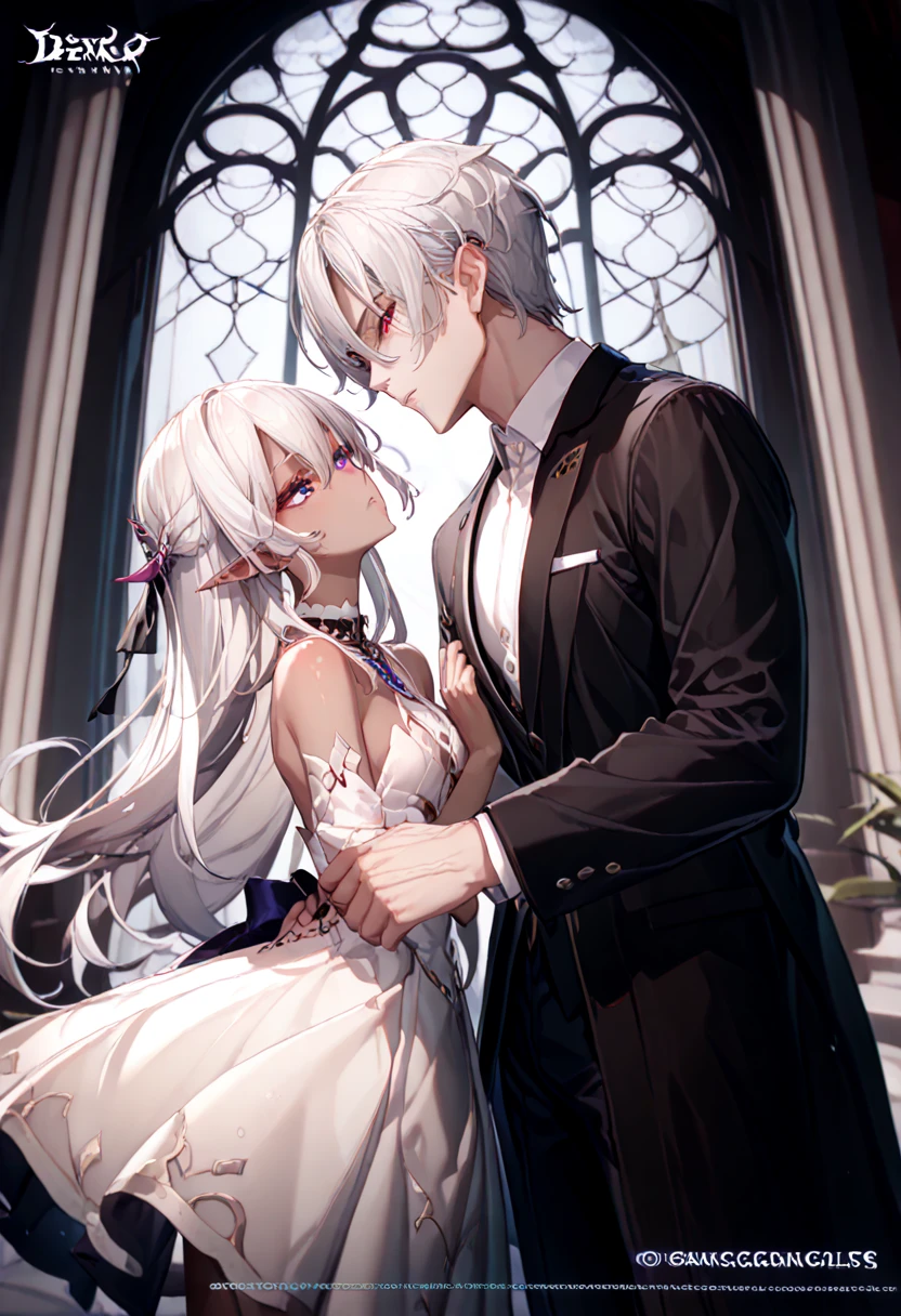 man , demon lord ,  handsome man, A big man in an expensive suit holds a girl , ( masterpiece fails,  high quality,  best quality ,  official art ,  beautiful and aesthetic:1.2), ((dark elf)), (( 1girl)),  extremely detailed,  BREAK,  incredibly detailed face, Eye details, blunt bangs,  white hair, ( to the hair between the eyes ), eyelashes,  purple eyes ,  captive , edge,  collar,  in a white dress,