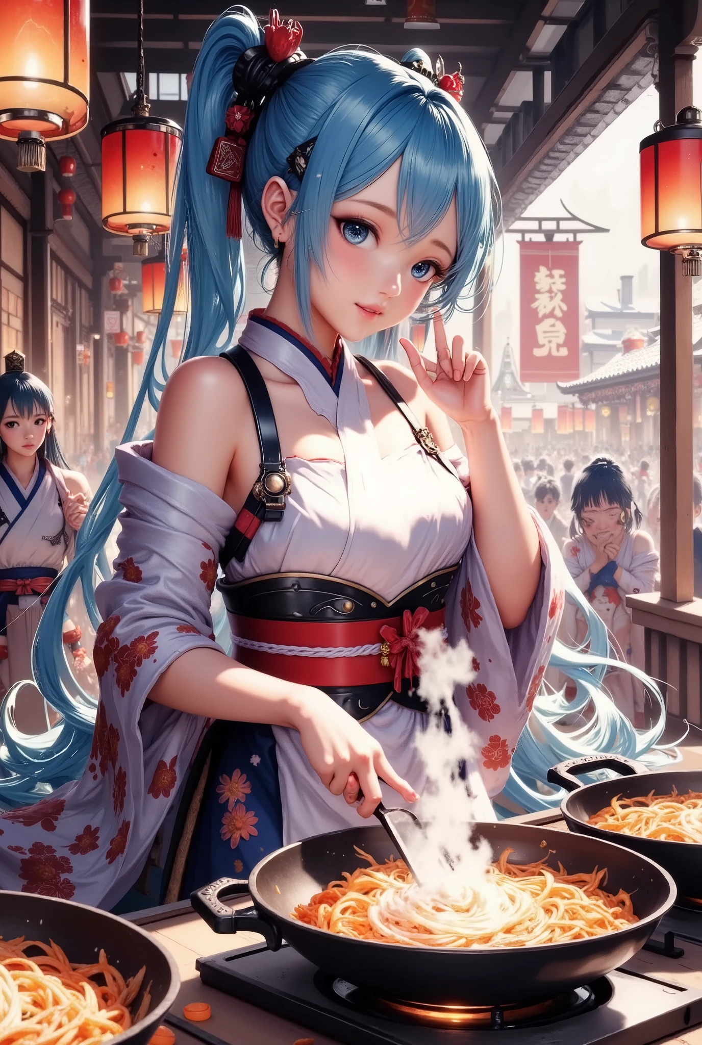 a cozy street food stall in Japan, traditional Japanese architecture, lanterns hanging overhead, bustling crowd of people, sizzling woks, delicious aromas of street food, warm lighting, vibrant colors, atmospheric and immersive, detailed and highly realistic, masterpiece, 8k, high quality, photorealistic