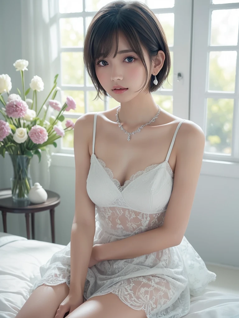  white lace dress,( see-through)、, small breasts, (((とてもエレガントで beautiful,  perfect detail, Very   Details))), whole body, The most   Details girl,  The depth of the written boundary, 美しく  Detailsなwhole body, Thin legs, 1 person, 30 years old,  very short hair ,   spike hair ,  gray and silver hair,  beautiful   Details hair,  perfect face with friends in the bedroom,  expressionless,  beautiful,   Details, deep eyes, Please open your mouth a little,  Delicate arms and hands ,  blue-white skin,  earrings,  beautiful and gorgeous necklace,  colorful background, HD Backgrounds,  blurry background , とても繊細で beautiful, Masterpiece, ((( top quality, とても beautiful8K CG壁紙))), ((( medium haired))), ( in the room, stylish white interior, window)、 glowing skin 、 shiny hair 、