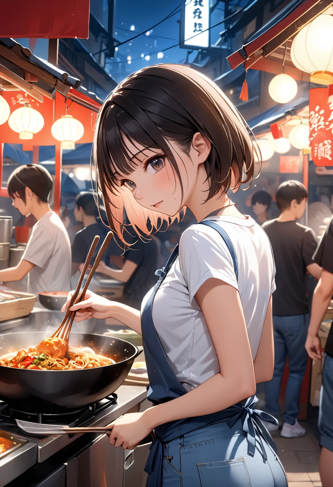 portrait, (Masterpiece, top quality, ultra high definition), back side shot, solo Japanese woman, sexy girl, Chinese food stall, Food stall village, Bustling, A girl sweating and cooking Chinese food in the kitchen inside the stall, Short-sleeved T-shirt, Apron, Jeans shorts, Sneakers, Night stall, Stir-frying food in a large wok