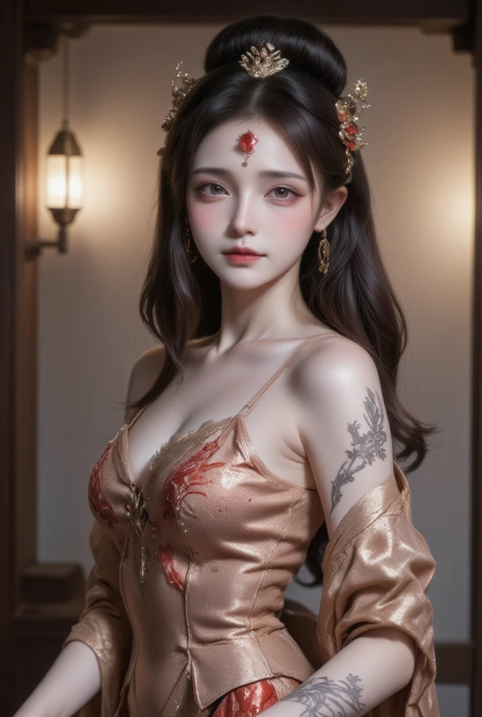 This is a high-resolution photograph of a young woman with a striking, traditional Asian-inspired outfit. She has a fair skin tone and long, dark brown hair styled in an elegant updo, adorned with a delicate silver headpiece and a red gemstone forehead ornament. Her eyes are a bright, piercing brown, accentuated by subtle makeup. She wears a intricately designed, strapless top with a red and white floral pattern, featuring traditional Chinese motifs. The top is paired with a matching, flowing skirt with a similar design, which is partially visible.

Her arms are adorned with intricate black tattoos, adding a touch of edginess to her otherwise elegant appearance. The background is softly focused, featuring a blurred, white, and cream-colored setting that suggests a serene, possibly indoor environment, such as a traditional Chinese garden or a luxurious interior.

The overall aesthetic is a blend of traditional and modern elements, with a focus on opulence and cultural heritage. The lighting is soft and natural, highlighting the textures and colors of her outfit and the subtle details of her makeup and accessories. The image exudes a sense of refinement and cultural richness. The woman's confident and poised demeanor adds to the overall impact of the photograph. The style is reminiscent of high-fashion editorial photography. The image is highly detailed, with a focus on textures, colors, and the subject's expression. The overall mood is one of elegance and sophistication. The image is likely taken in a studio setting with controlled lighting. The woman's attire and accessories suggest a traditional Chinese or Korean cultural influence. The image is highly detailed, with a focus on textures, colors, and the subject's expression. The overall mood is one of elegance and sophistication. The image is likely taken in a studio setting with controlled lighting. The woman's attire and accessories suggest a traditional Chinese or Korean cultural influence. The image is highly d