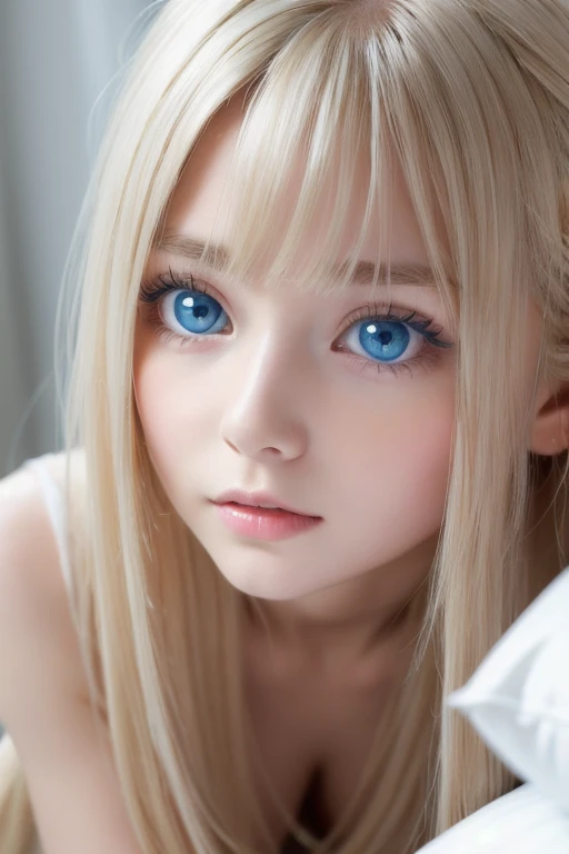 highest quality、8k Masterpiece、Ultra-high resolution、(Realistic:1.3)、RAW Photos、14 year old Scandinavian girl with shiny blonde hair、Silvery blonde hair、Super long straight hair、Bangs between the eyes、Bangs that cover the eyes、片Bangs that cover the eyes、Bangs between the eyes、White and glowing skin、1. Cyberpunk Super Beautiful Soldier、((Ultra-Realistic Details))、Portraiture、Global Illumination、Shadow Realm、Octane Rendering、8k、Ultra Sharp、Metal、Cool colors、、Very intricate detail、Realistic Light、Trends of the CG Association、so beautiful, Big bright blue eyes、Very big eyes、Eyes shining at the camera、Neon Details、Small Face Beauty、Round face、Cheek highlight