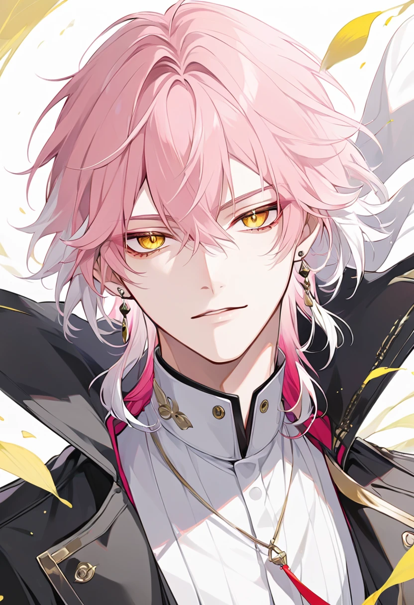 solo, handsome, 1 male, medium pink hair, white hair, yellow eyes, white shirt, black coat, Changli
