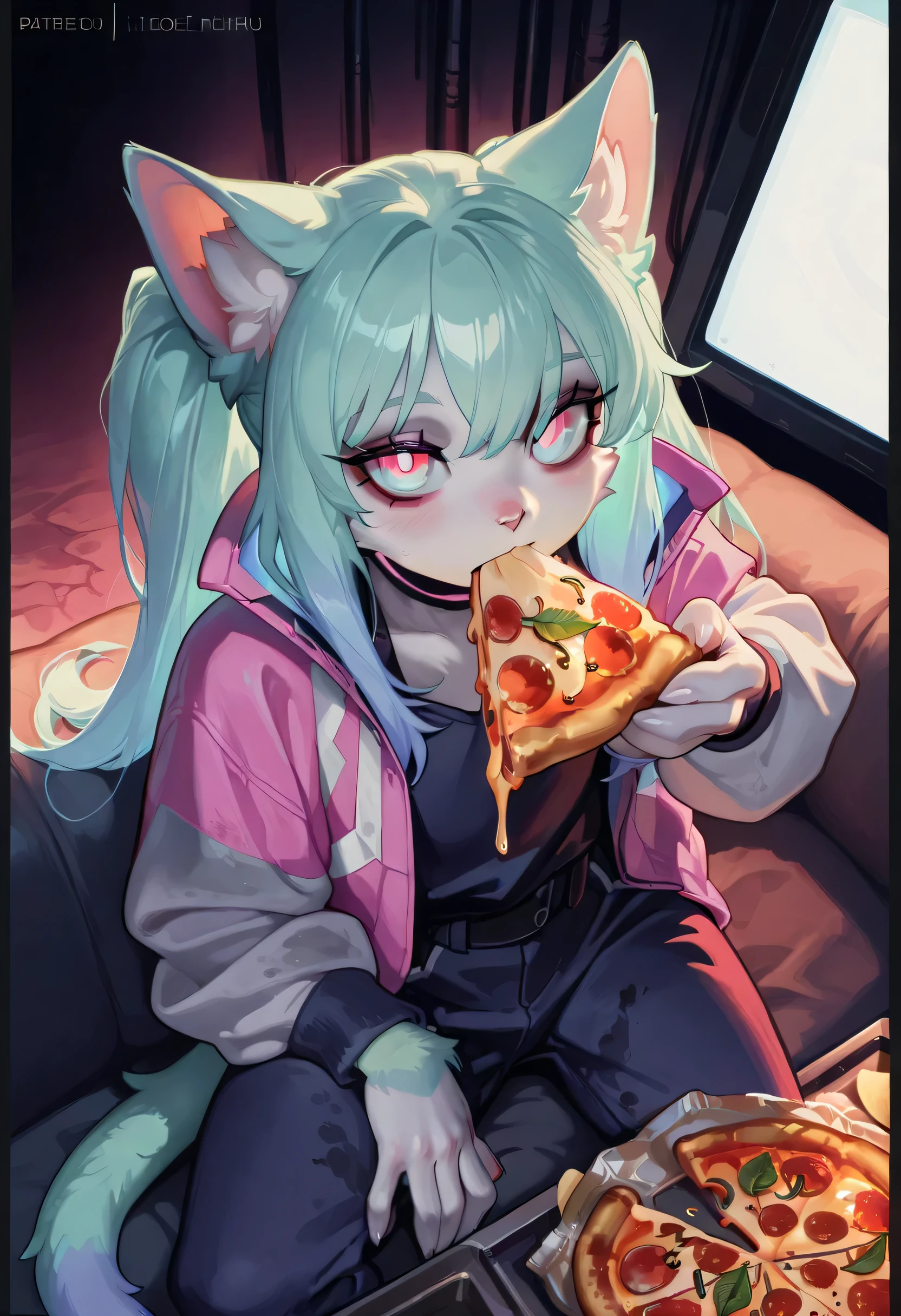 [Food=" pizza, potato's chips, snacks, toasted nuts"][cat=" genderless anthro, slim, white, skyblue eyes with white sclera and black pupils, bored, dirty cyberpunk clothes, claws, digitigrade, colorfull hairs"][hairs=" skyblue main color, some pink hairlocks, green hairs-tips"].Beautiful furry art, masterpiece, breathtaking, 4k, realistic fur, ultra quality, superb illustration. One cat lies above one dirty sofa while eating some food, in a dark room at night with only one tv's illumination scenario. (Aerial from above)( pixelsketcher accuracy, draw by hioshiru).(cold light color)
