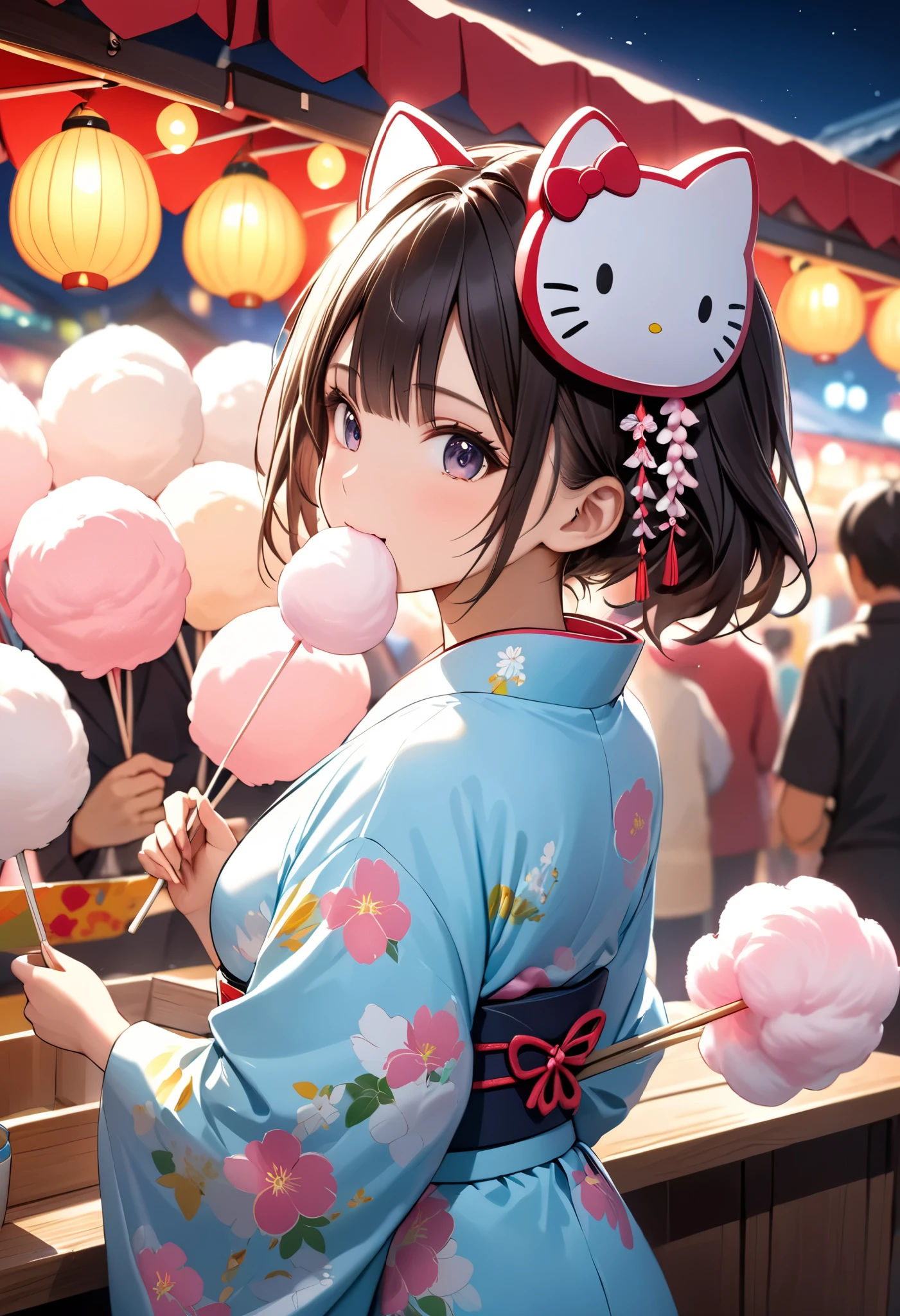 portrait, (Masterpiece, top quality, ultra high definition), back side shot, solo Japanese woman, sexy girl,A stall selling cotton candy, Colorful cotton candy, Food stall village, Bustling, A girl eating cotton candy, Wearing a traditional Japanese kimono, Food stall at night, Wearing a Hello Kitty mask on her head