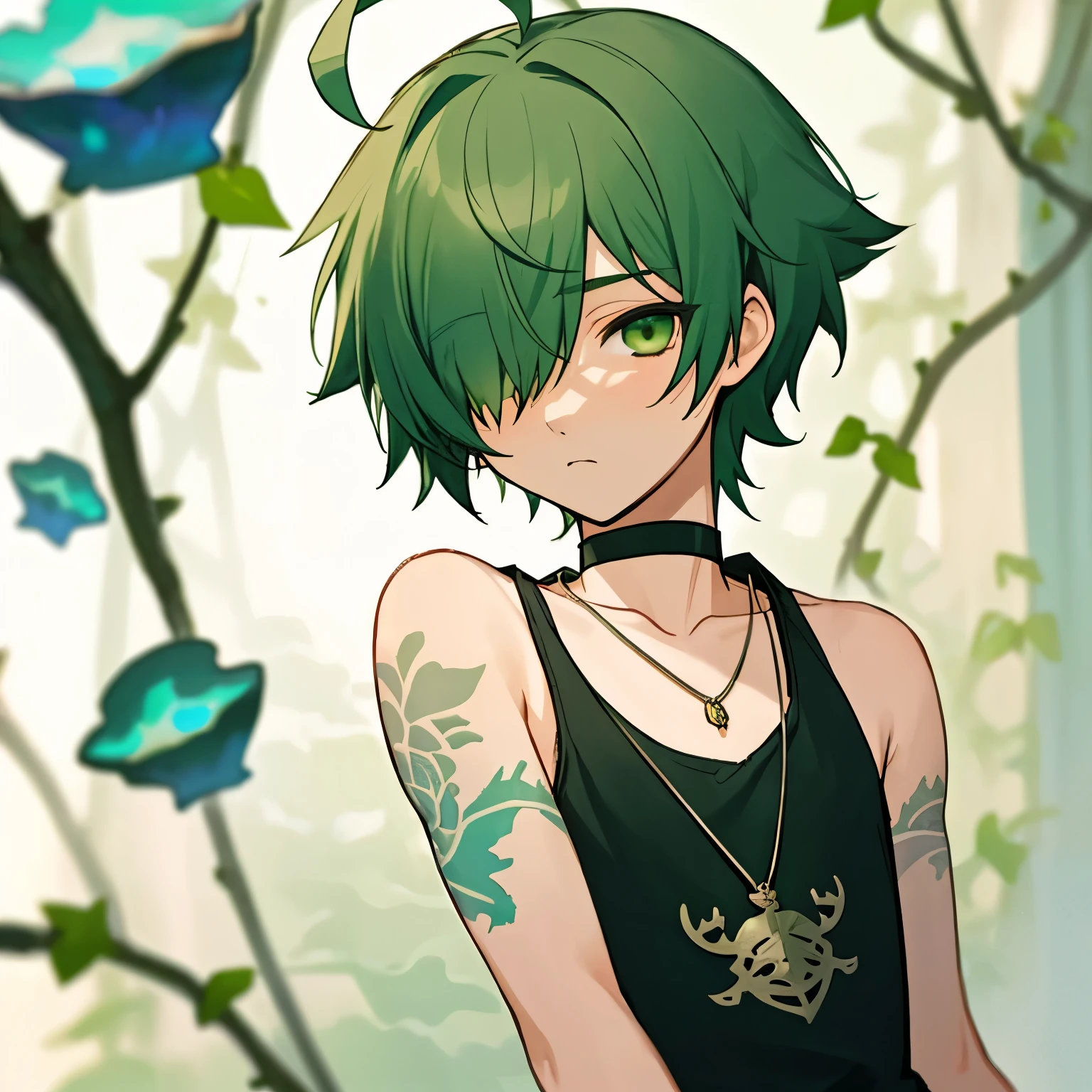 (boy), green ivy hair, green eyes, short cut, side part, ahoge, hair over one eye, thin eyebrows, young, expressionless, alone, short, Shota, solo, with a magic reef tattoo, slim, tank top, choker, necklace, dark fantasy, cult party kei, cyberpunk
