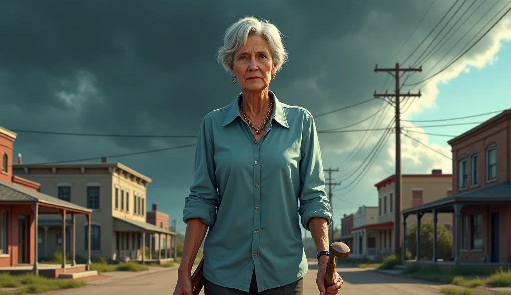 Portrait of TWDCarol walking through an abandoned city, detailed face, focus on face, dirty, short dirty grey hair, small town, abandoned cars, tiltshift, narrow depth of field, <lora:TWDCarol:1>