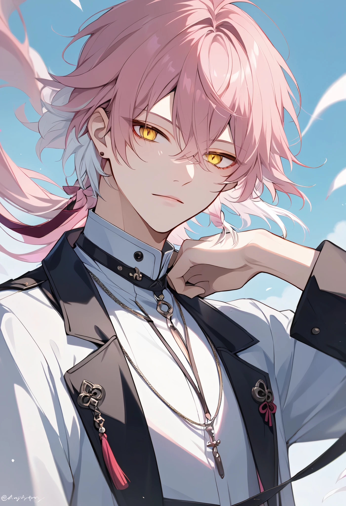 solo, handsome, 1 male, medium pink hair, white hair, yellow eyes, white shirt, black coat, Changli
