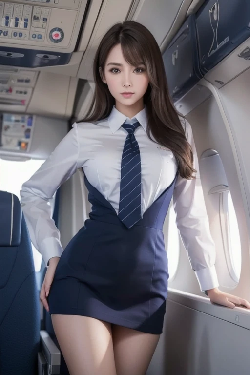 Sexy 25 year old Japan woman in stewardess uniform、jaw-dropping beauty、Wear ultra-realistic pantyhose、Sit on the plane with your legs crossed、A smile、high-heels、game_nffsw, masutepiece, Best Quality, Photorealsitic, Raw photo、8K, High resolution, Detailed skin, 8K UHD, Digital SLR, Soft lighting, High quality, Film grain, FujifilmXT3, realistic skin textures、shinny skin、Exposed thighs!!!