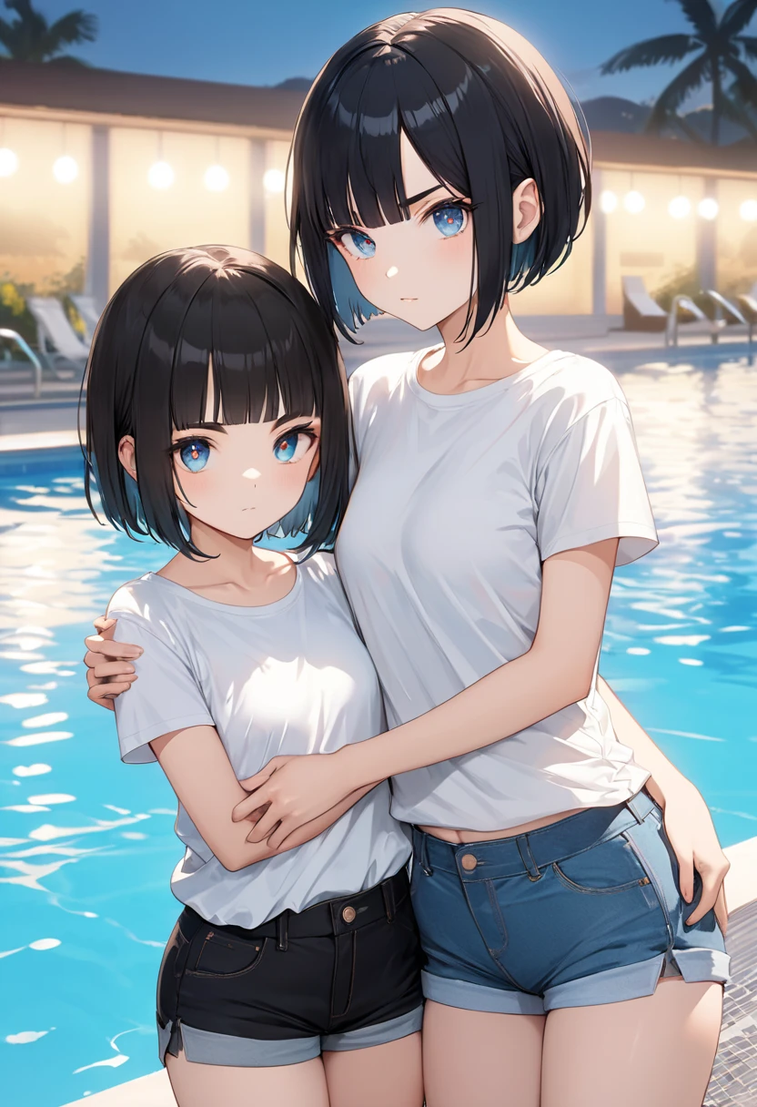 a couple of young men standing next to each other, an anime drawing, by Kobayashi Kiyochika, is wearing a swimsuit, boy has short black hair, in a sunny day, hyperdetailed!