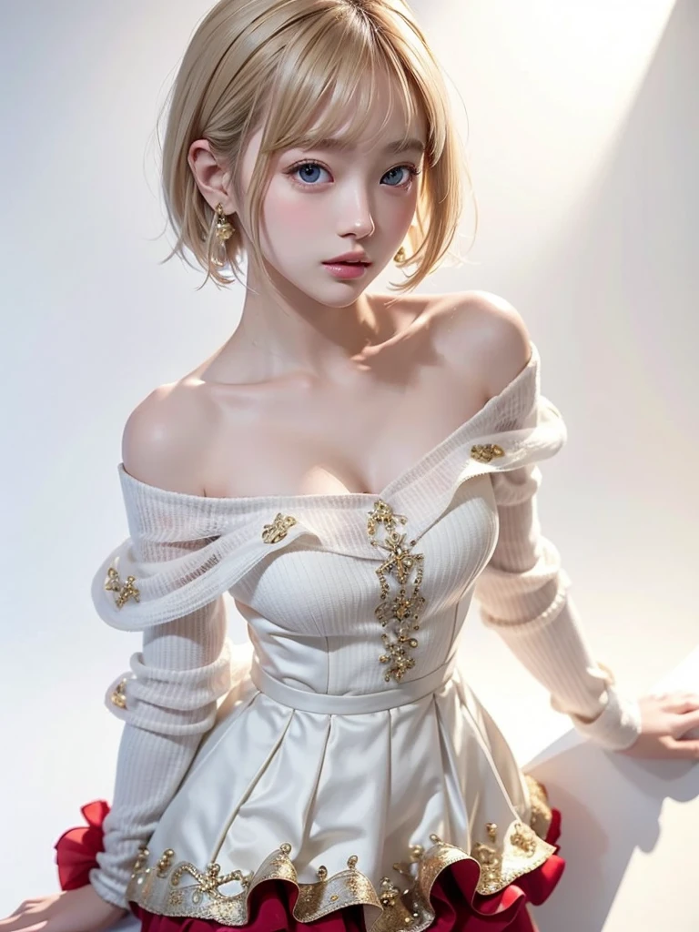 8k,Confused,  high definition,  very detailed,  1 girl, Alone,  very beautiful eyes, Extremely precise description,  Artistic 、 very detailed depiction, ([    "Intertwined:1.2), , (White high key background:1.5), (((Red off-the-shoulder dress 1.5))), 、  short hair 、 I recommend a soft floral pattern 、 Platinum Blonde Hair , ( glowing skin ), Many colors, , (Shooting from above:1.2),、 flat body、 slim、 cute、、Round face、Cast a Shadow、、.3