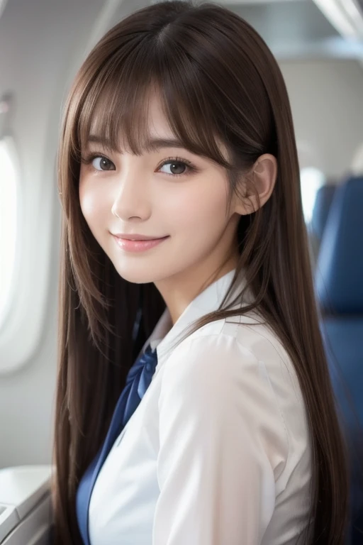 High resolution, Long Hair, bangs, Brown Hair、  woman、chest, Model from Tokyo、Height: 168cm、　Beautiful Face、
Droopy eyes,  Beautiful CA.、Flight Attendant、 whole body、Smile, 