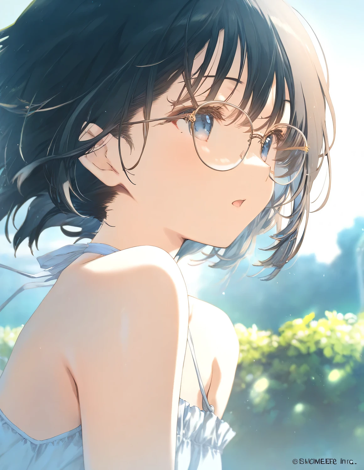 1girl, , littlee, black hair, short hair, glasses, small breasts, beautiful detailed eyes,open mouth, expressionless, outdoors,wind,fantasy, game CG, break,(artist:mitsumi_misato),artist:fujiyama,artist:kokonoka, break,(masterpiece), (best quality), (ultra-detailed),(Detailed Lighting), very aesthetic, newest, beauty illustration,super detailed skin, (masterpiece), (best quality), (ultra-detailed), very aesthetic lighting,newest ,hi res,absurd_res,shiny skin,2023, shaded,digital media (artwork), realistic lighting, 16k, 8k,highres, source_anime, official_art, photoshop_(medium)