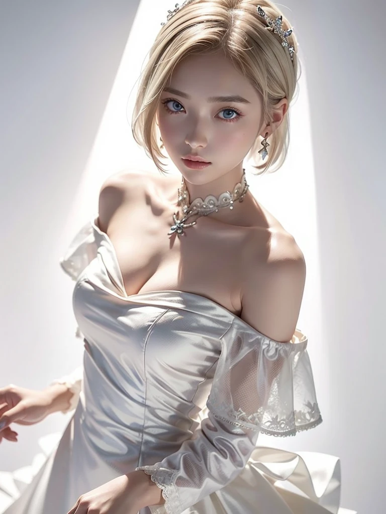 8k,Confused,  high definition,  very detailed,  1 girl, Alone,  very beautiful eyes, Extremely precise description,  Artistic 、 very detailed depiction, ([    "Intertwined:1.2), , (White high key background:1.5), (((Red off-the-shoulder dress 1.5))), 、  short hair 、 I recommend a soft floral pattern 、 Platinum Blonde Hair , ( glowing skin ), Many colors, , (Shooting from above:1.2),、 flat body、 slim、 cute、、Round face、Cast a Shadow、、.3