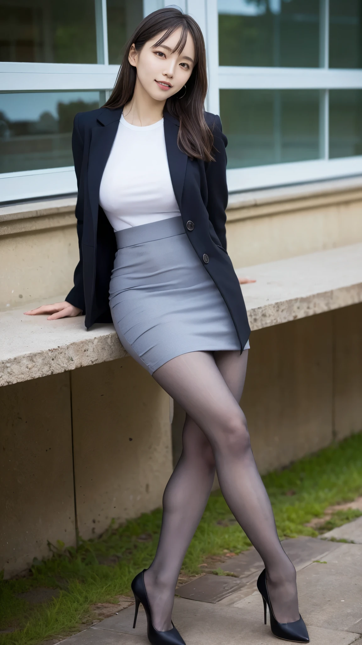 top quality,masterpiece, ultra high definition, high definition RAW color pictures , Pro Pictures, Natural Skin Texture, fine skin, hyperrealism, smiles, semi-long hair,big breasts,slim body,( white cutter shirt, shirt ,gray tight long skirt,Black pantyhose),Winter in the city, Long Coat ,Stiletto heels