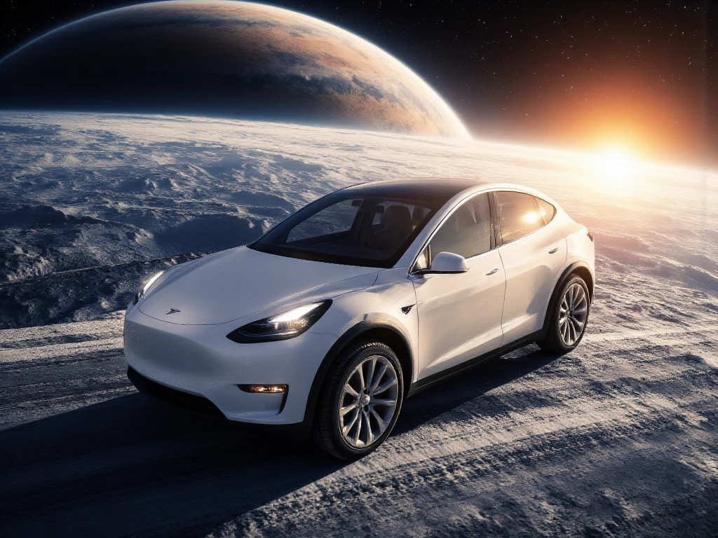  A breathtaking depiction of a Tesla Model Y built in 2023 in white,  which travels over the shimmering ,  icy rings of Saturn .  The Tesla is in focus ,  with dynamic details such as reflective lighting effects on the body and a touch of cosmic Dust ,  which is stirred up by movement .  In the background stretches the majestic Saturn ,  illuminated by a distant , intense sunlight ,  that plunges the scene into an epic glow .  The infinite space with sparkling stars creates a captivating ,  futuristic atmosphere. ultra wide angle, You can see several planets ,  The image is rendered in ultra-high resolution with 400 DPI and in the sRGB color space for maximum detail and color intensity