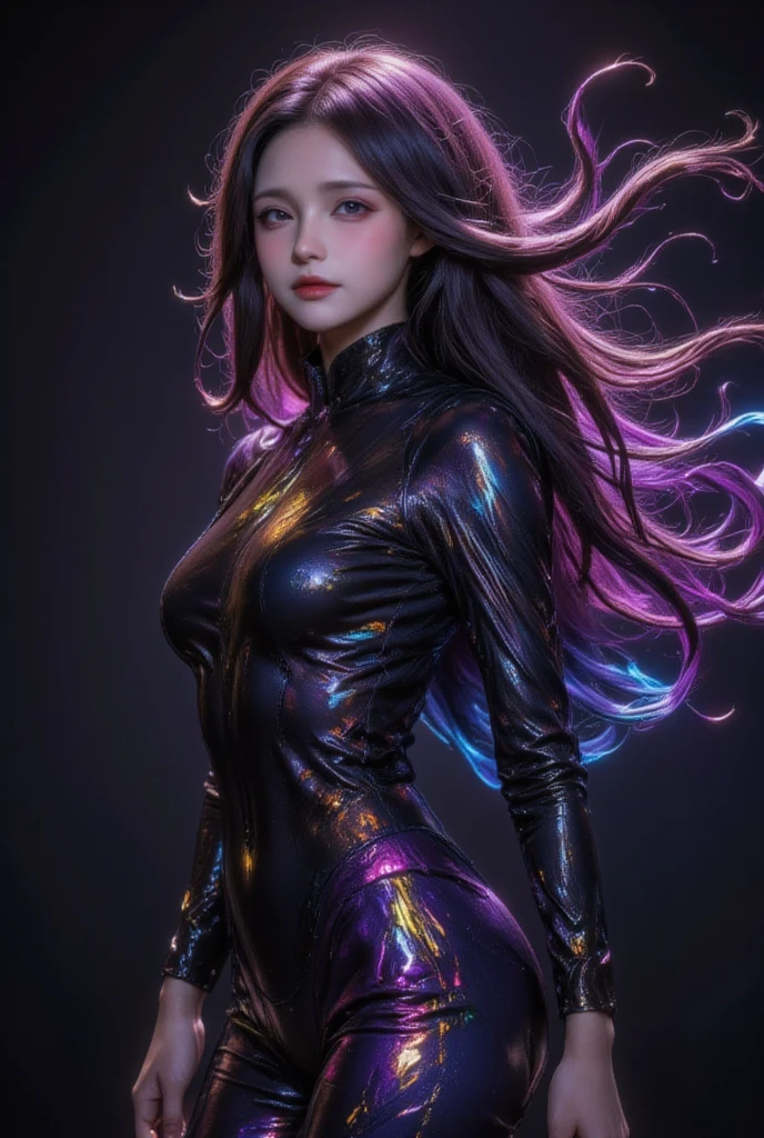 The image depicts a person with long, flowing hair that appears to be made of or covered in a vibrant, liquid-like substance. The hair and clothing are rendered in a highly stylized, almost surreal manner, with colors that transition smoothly from one to another, including shades of purple, blue, yellow, and pink. The person is wearing a form-fitting, glossy outfit that enhances the liquid-like effect. The background is dark, which makes the colorful, shiny elements of the hair and clothing stand out even more. The overall effect is one of fluidity and movement, as if the person is emerging from or being enveloped by a colorful liquid.