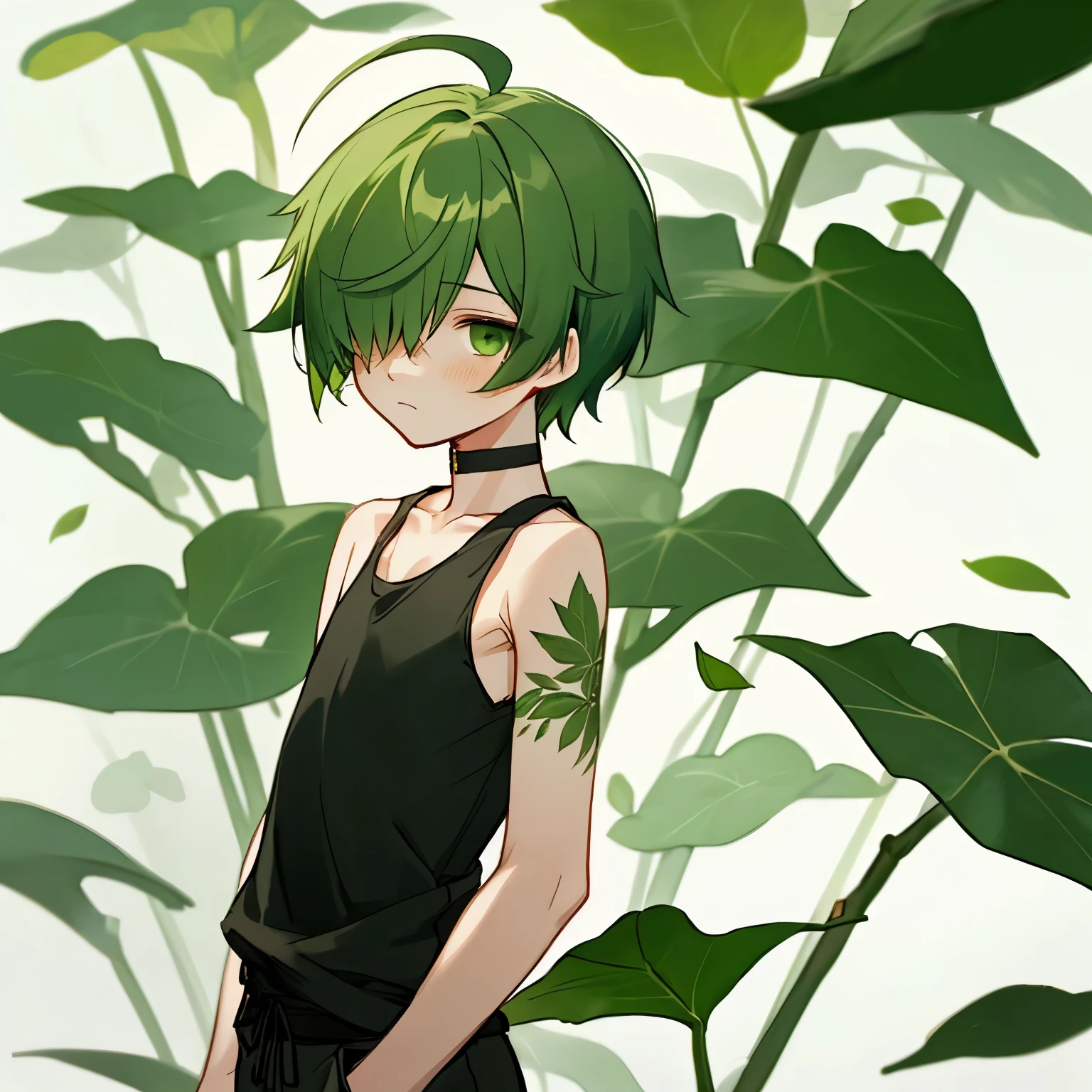 (boy), green ivy hair, green eyes, short cut, side part, ahoge, hair over one eye, thin eyebrows, young, expressionless, alone, short, Shota, solo, with a magic leaves green tattoo, slim, tank top, choker, dark fantasy, cult party kei, cyberpunk
