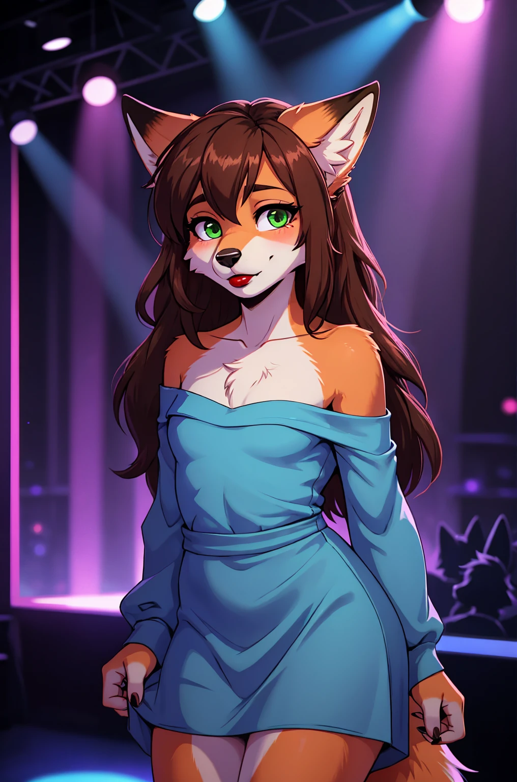 Best quality, furry male fox with green eyes, with brown long hair, with black spout, with red lipstick on lips, big lips, in a blue dress, crossdressing, shy, with a choker around his neck, off-the-shoulder dress, flirts, sexy pose, portrait, against the backdrop of an empty nightclub