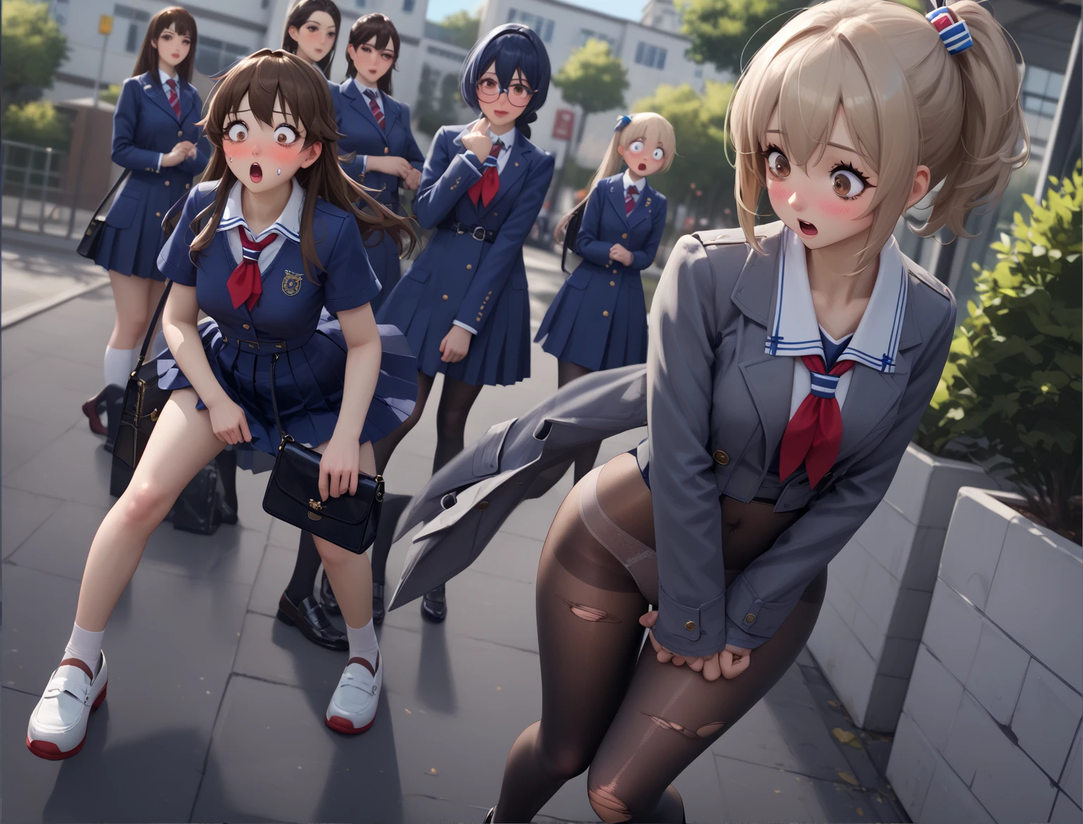 Dynamic pose, anime characters in a school way, ((left woman (blue school costume, pranking your friend, ripping your friend pleated blue skirt))), ((right woman (wearing just coat and panties and pantyhose, blue school short coat, perfect state see through brown high waist pantyhose, light beige cute satin panties under pantyhose, shocked face, blushed face, your pleated skirt was ripped by friend, brown eyes, leather purse on bac))), ilya kuvshinov. 4 k, artgerm and atey ghailan, guweiz on pixiv artstation, guweiz on artstation pixiv, anime style 4 k, anime girls, kantai collection style, guweiz and makoto shinkai, school way background, men and women in background.