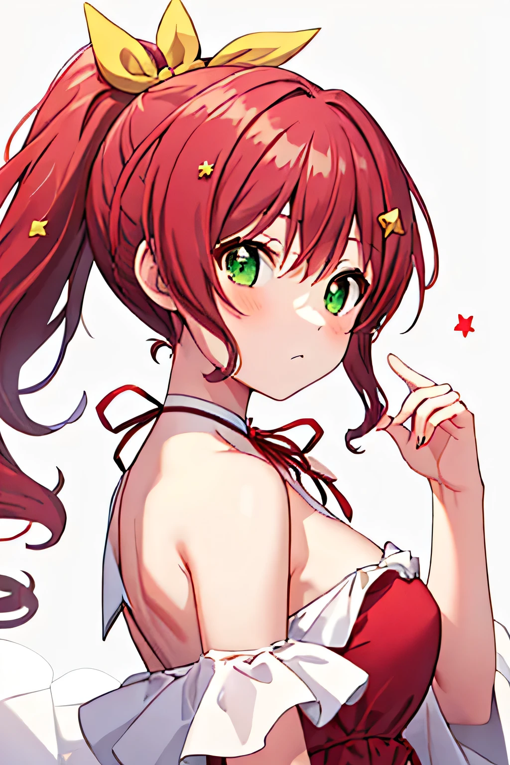 ((green eyes)), ((red hair)), bangs, ponytail, side ponytail, ((star ribbon)), long hair, princess, ((red and white dress)), simple background, without expression