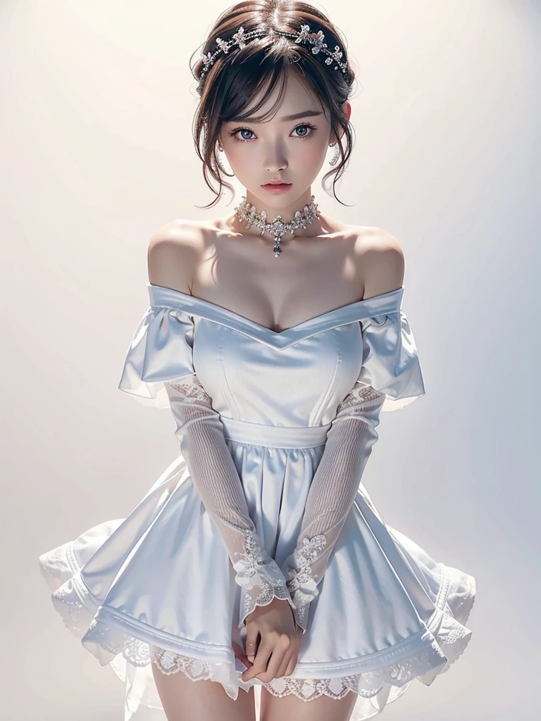 8k,Confused,  high definition,  very detailed,  1 girl, Alone,  very beautiful eyes, Extremely precise description,  Artistic 、 very detailed depiction, ([    "Intertwined:1.2), , (White high key background:1.5), (((Red off-the-shoulder dress 1.5))), 、  short hair 、 I recommend a soft floral pattern 、 Silver Hair, ( glowing skin ), Many colors, , (Shooting from above:1.2),、 flat body、 slim、 cute、、Round face、Cast a Shadow、、.3