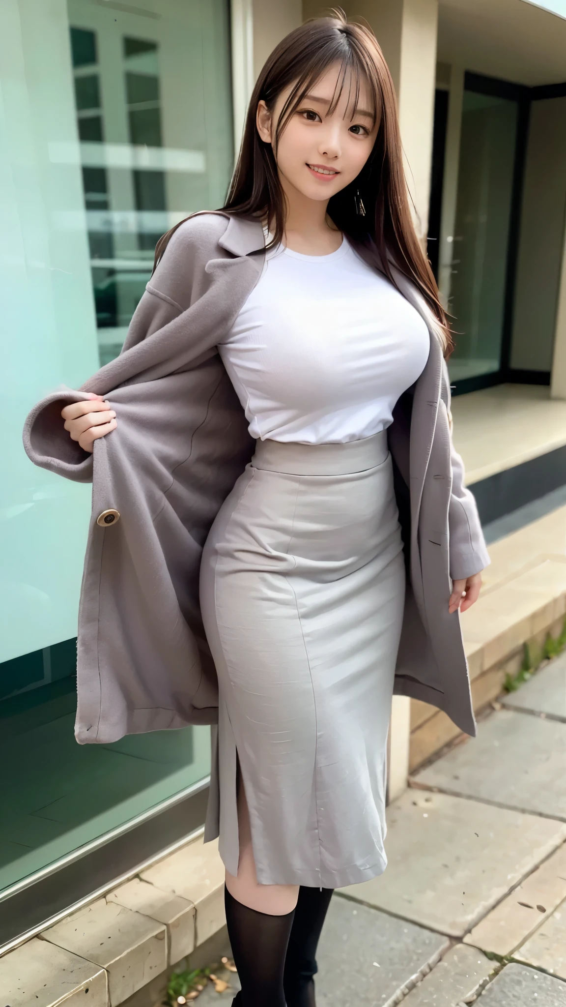 Office、, Highest quality, shape, Very detailed, In detail, High resolution, 8k wallpaper, Perfect dynamic composition, Beautiful details,  Natural Lip, suit, Big Breasts, Cleavage, she;Looking Outside, she嬉しそうに笑っている..., A masterpiece of the whole body, Full Body Shot