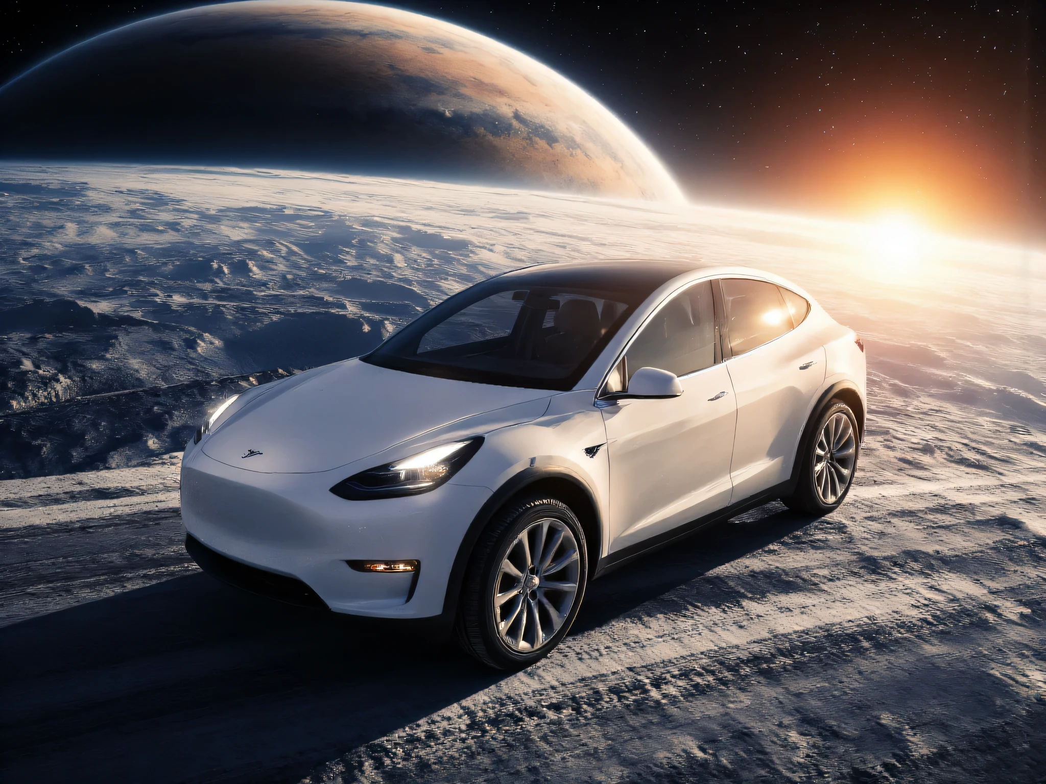  A breathtaking depiction of a Tesla Model Y built in 2023 in white,  which travels over the shimmering ,  icy rings of Saturn .  The Tesla is in focus ,  with dynamic details such as reflective lighting effects on the body and a touch of cosmic Dust ,  which is stirred up by movement .  In the background stretches the majestic Saturn ,  illuminated by a distant , intense sunlight ,  that plunges the scene into an epic glow .  The infinite space with sparkling stars creates a captivating ,  futuristic atmosphere. ultra wide angle, You can see several planets ,  The image is rendered in ultra-high resolution with 400 DPI and in the sRGB color space for maximum detail and color intensity