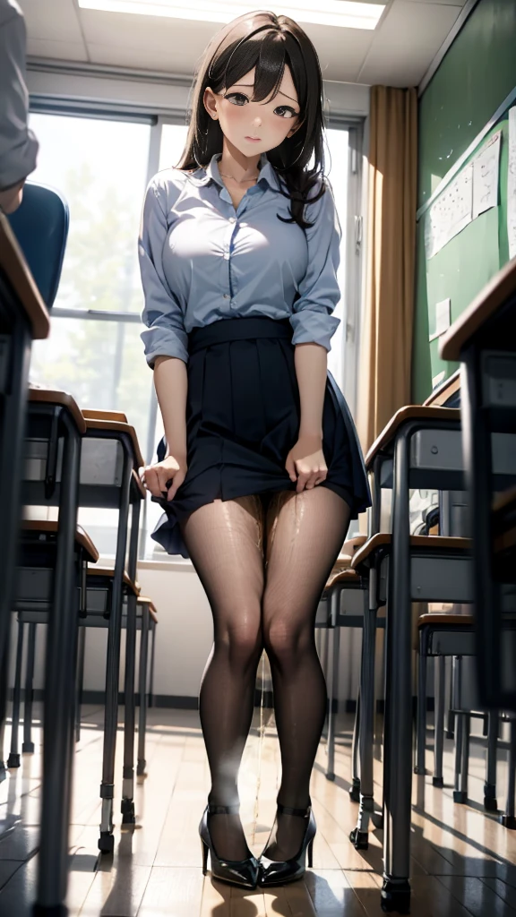 Sheer tank top、Big Tits、Transparent nipples、Sheer skirt、pantyhose/stockings、teacher、classroom、Pussy line、Blue Hair