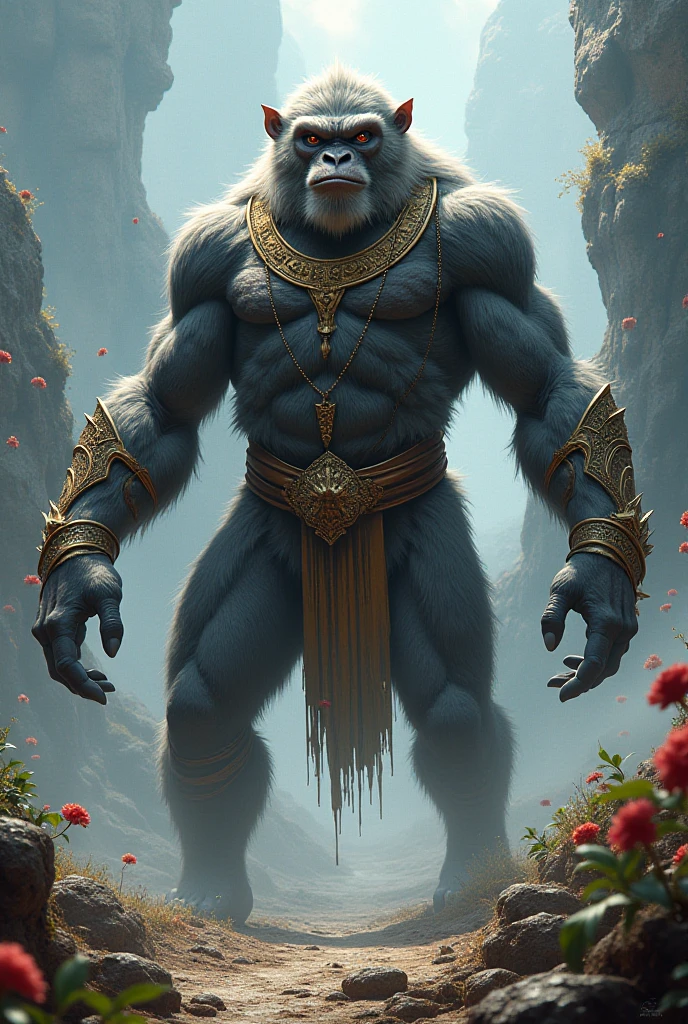 a powerful humanoid monkey, detailed face with big eyes, long eyebrows, strong jawline, muscular body, wearing ornate jeweled armor, epic fantasy landscape with mountains, clouds, glowing magical energy, cinematic dramatic lighting, digital art, concept art, hyper detailed, 8k, photorealistic