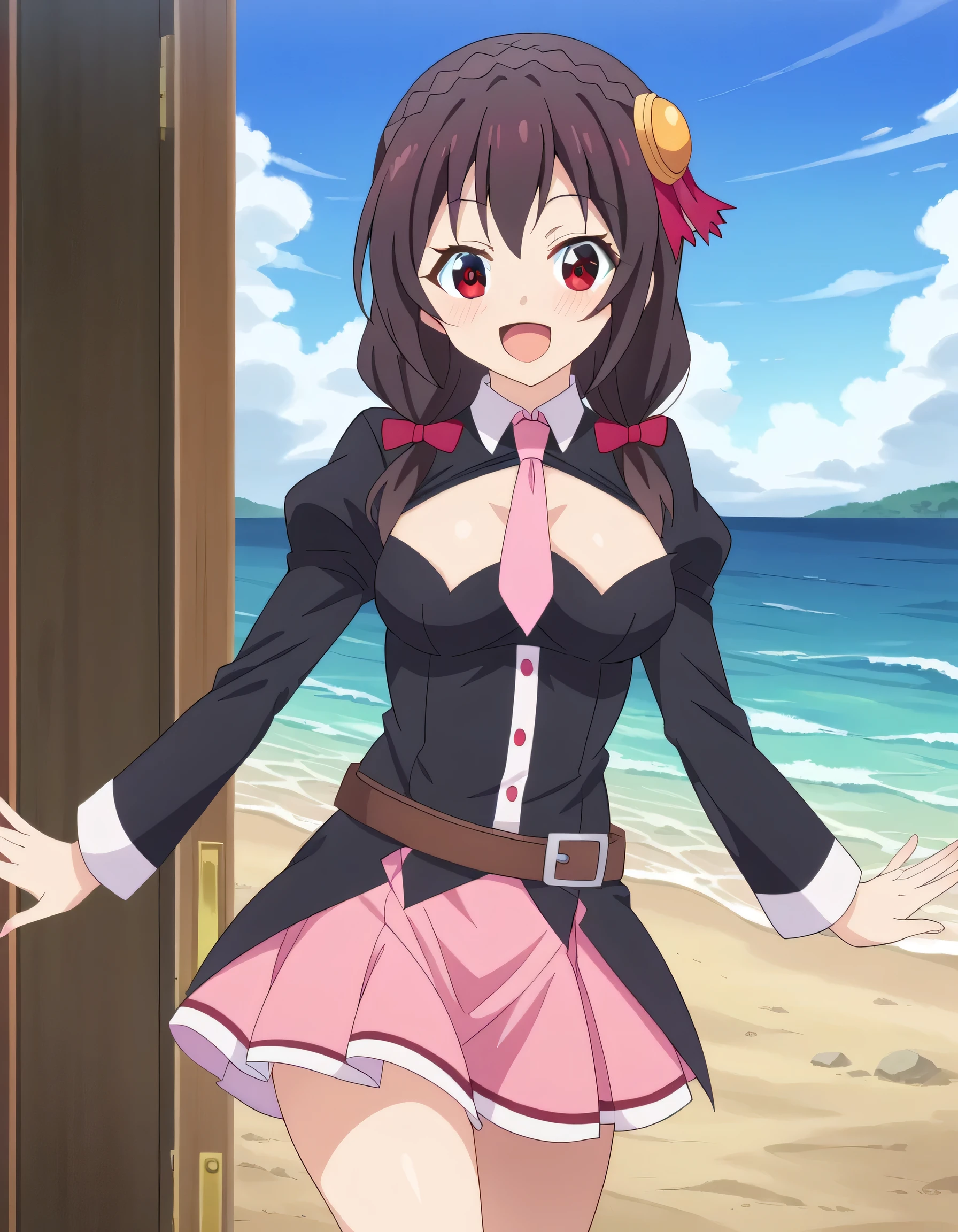 HD, High Quality 、
Yunyun、 black hair, hair accessories, red eyes, , braided , crown braided ,
skirt , thighs, Long Sleeve , ties, belt, Outfit Cutout, cleavage cutout to viewer, pink skirt , pink ties,
(smile)、(blush)、( The background is the ocean )、An island in the distance of the ocean 、blue sky、Walking、 smiling with her mouth open
