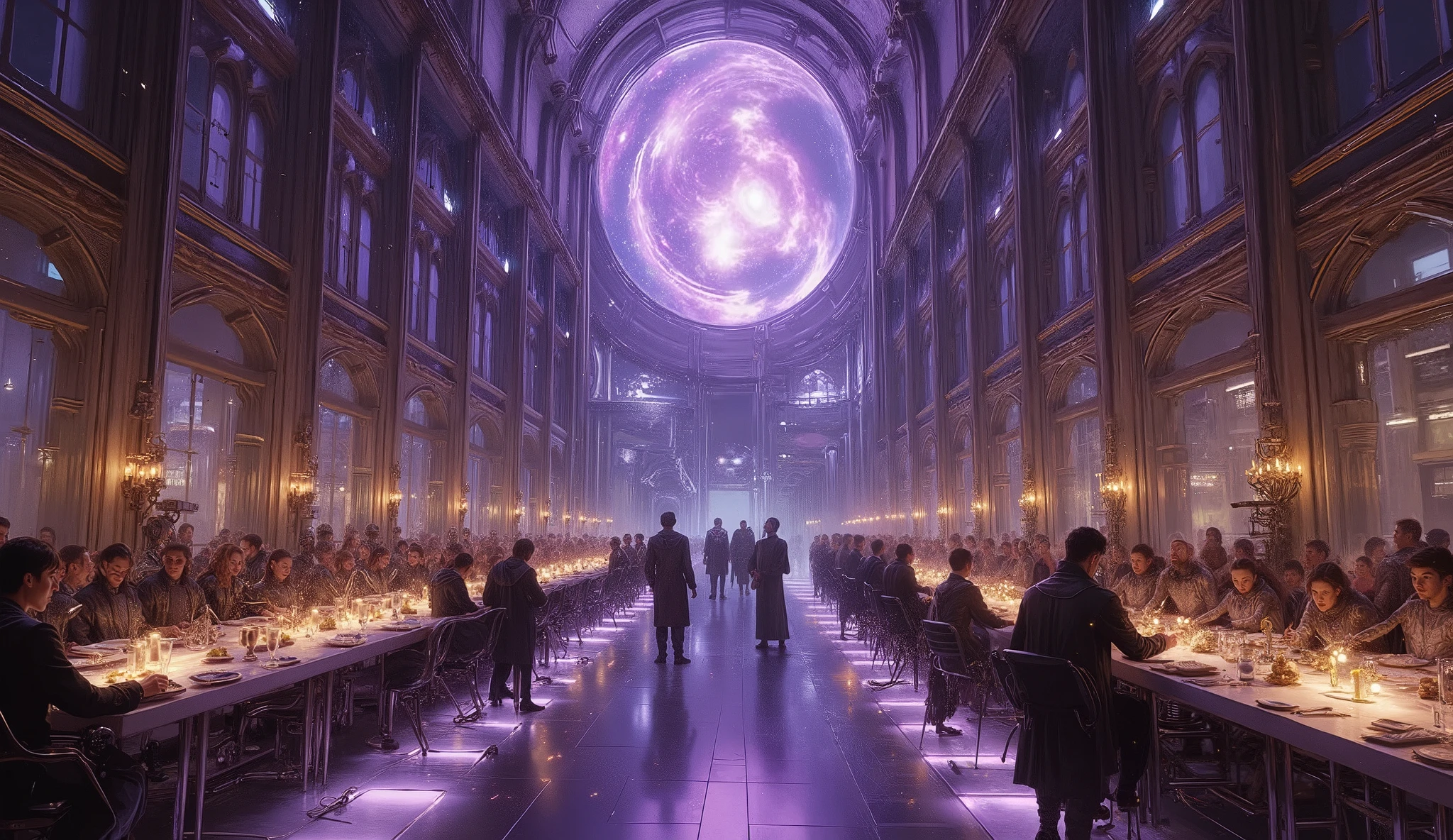 " A huge futuristic room , with very high ceilings, like a cathedral , with long floating tables full of students dressed in futuristic robes , dining and lively conversation . The glass floor emits a faint bluish light from below , while the holographic ceiling shows a view majestic universe : nebulas in shades of purple and gold , twinkling stars and galaxies in motion . Futuristic candlesticks project holograms of floating candles , emitting a warm and magical light that illuminates the entire space . At the ends of the room , cyborg teachers with mechanical parts , luminous eyes and robotic arms oversee dinner with an imposing air , while small drones float between the tables , serving futuristic dishes and drinks that shine slightly . The environment combines advanced technology with a magical and otherworldly atmosphere."